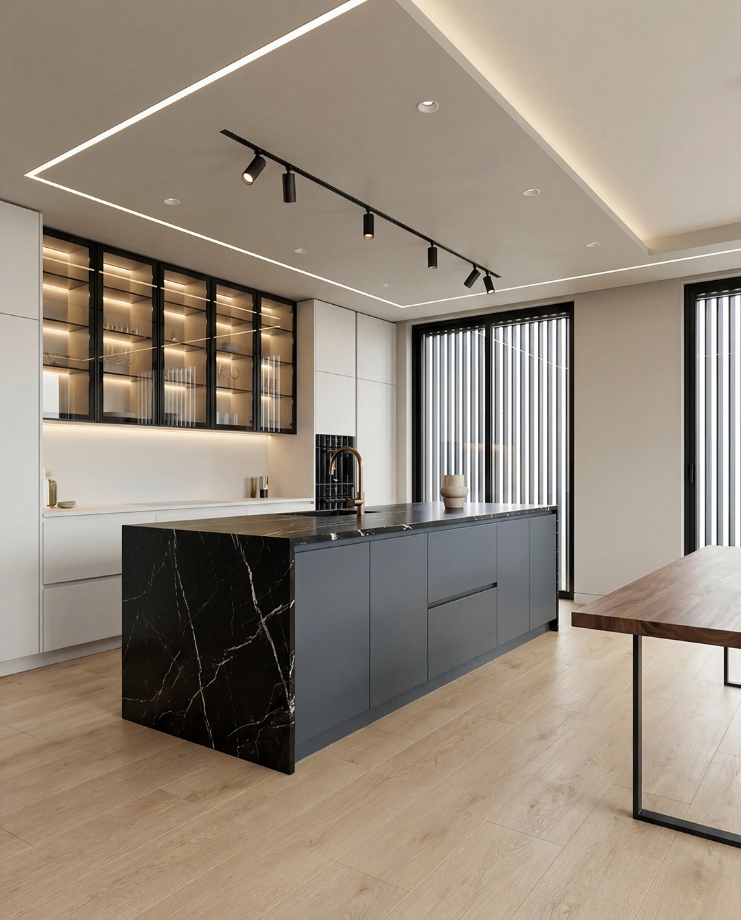 keuken, eiland, marmeren blad, donkere kasten, houten vloer