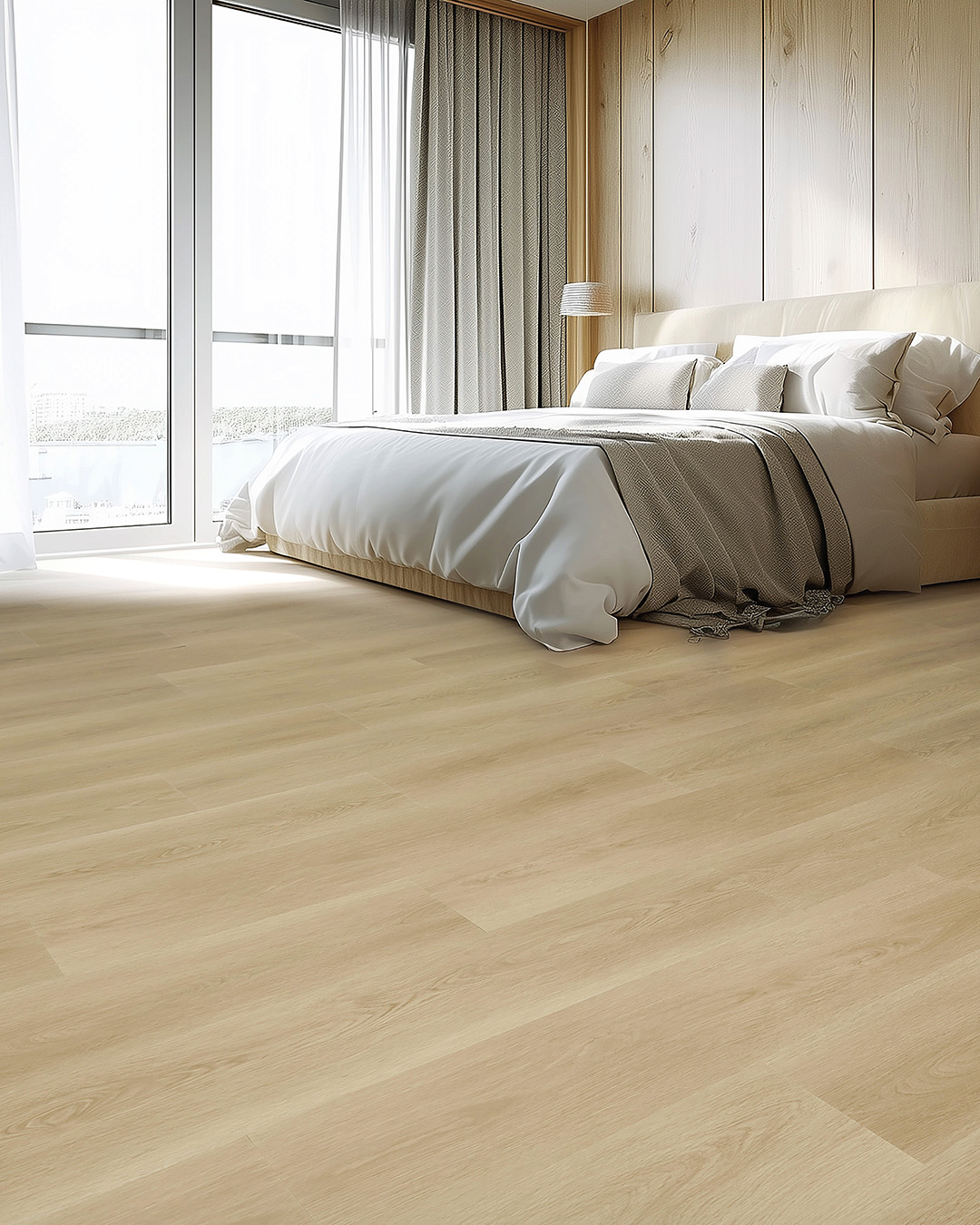 houten vloer, vinyl vloer, bed, linnen dekbed, gordijnen