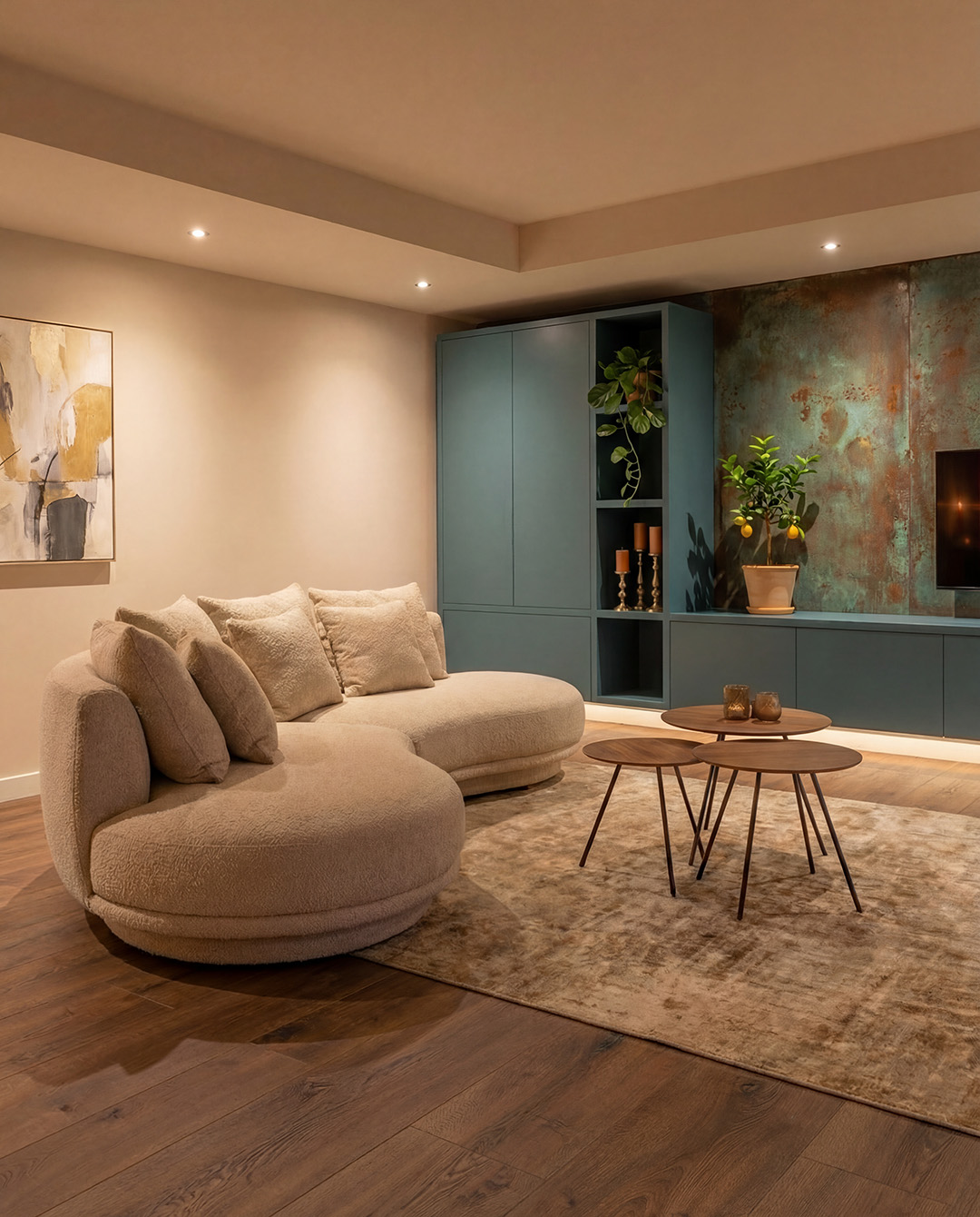 sofa, curved sofa, beige, stof, woonkamer