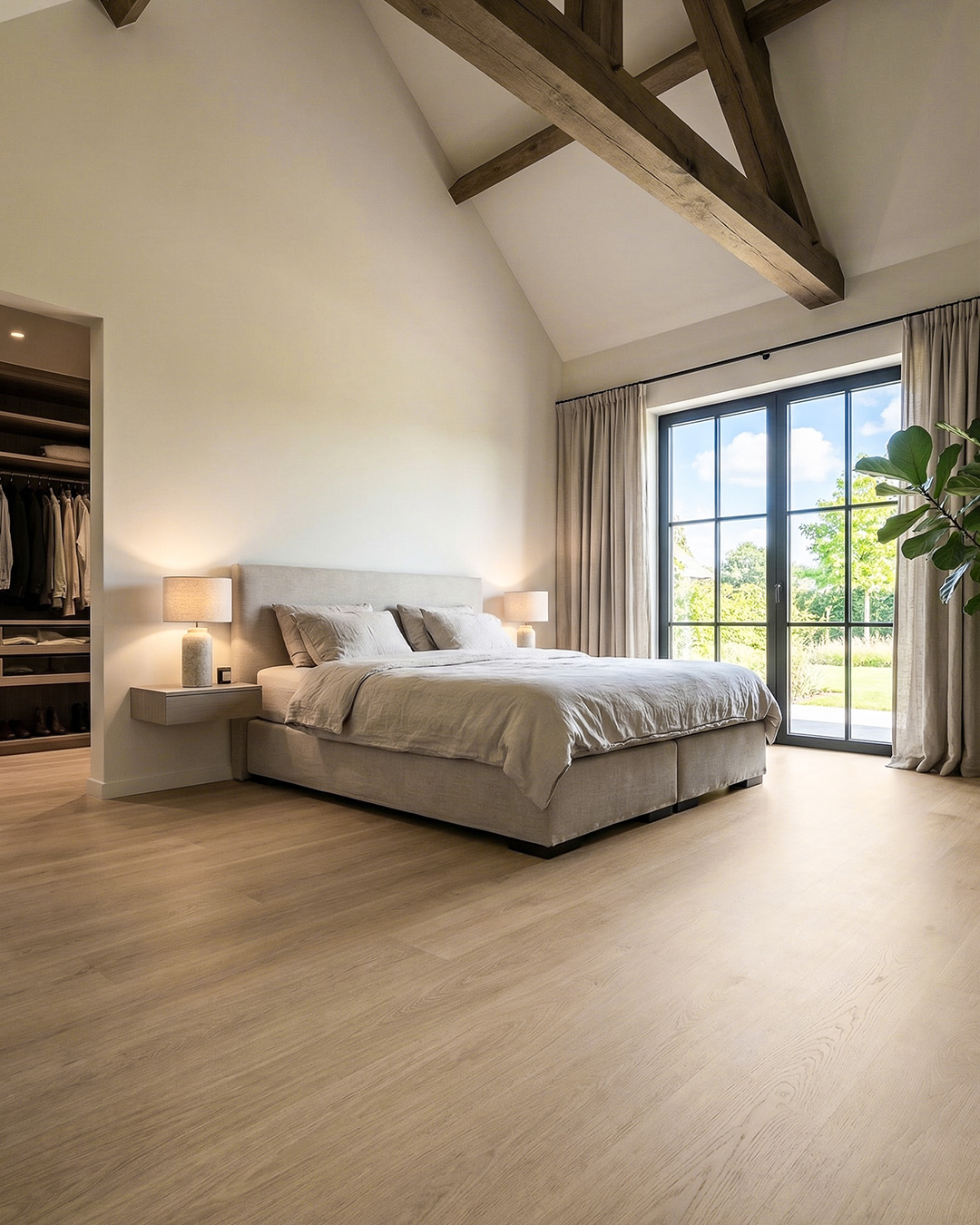 slaapkamer, bed, kastenwand, plafondbalken, grote raampartij