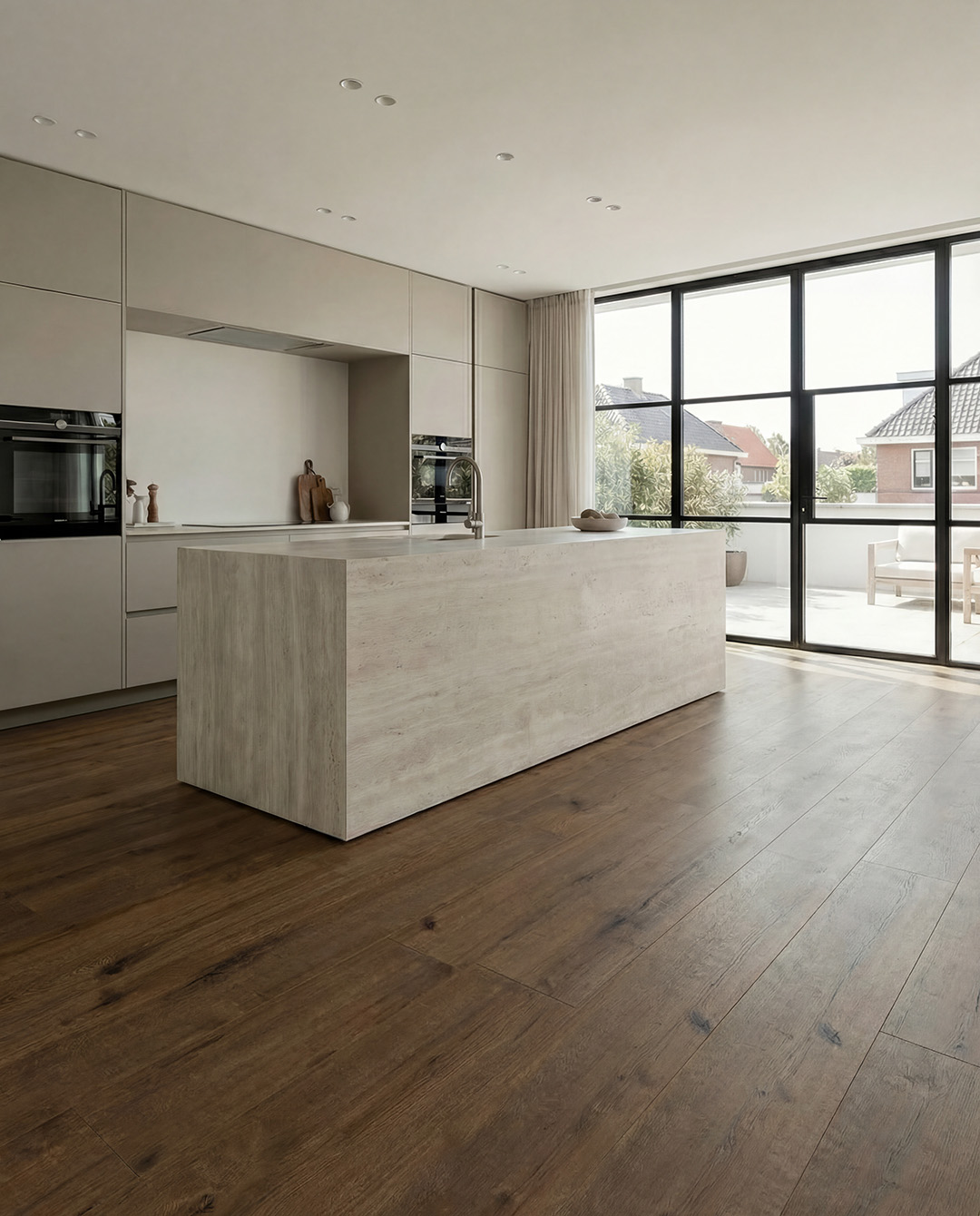 keuken, eiland, graniet, houten vloer, inbouwapparatuur