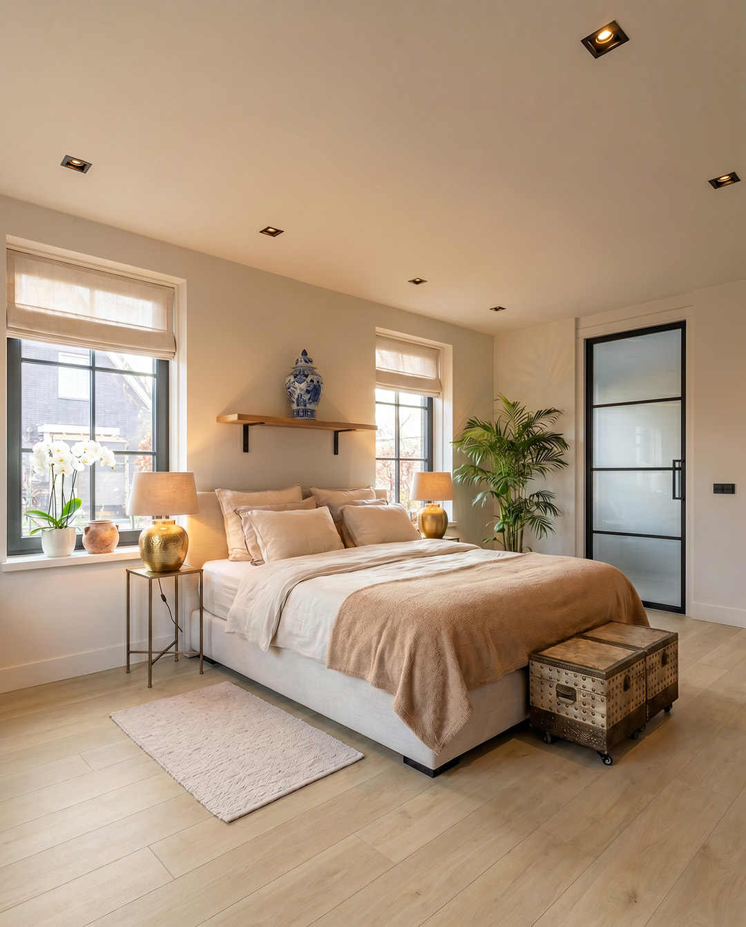 bed, king-size, beige, linnen, lamp