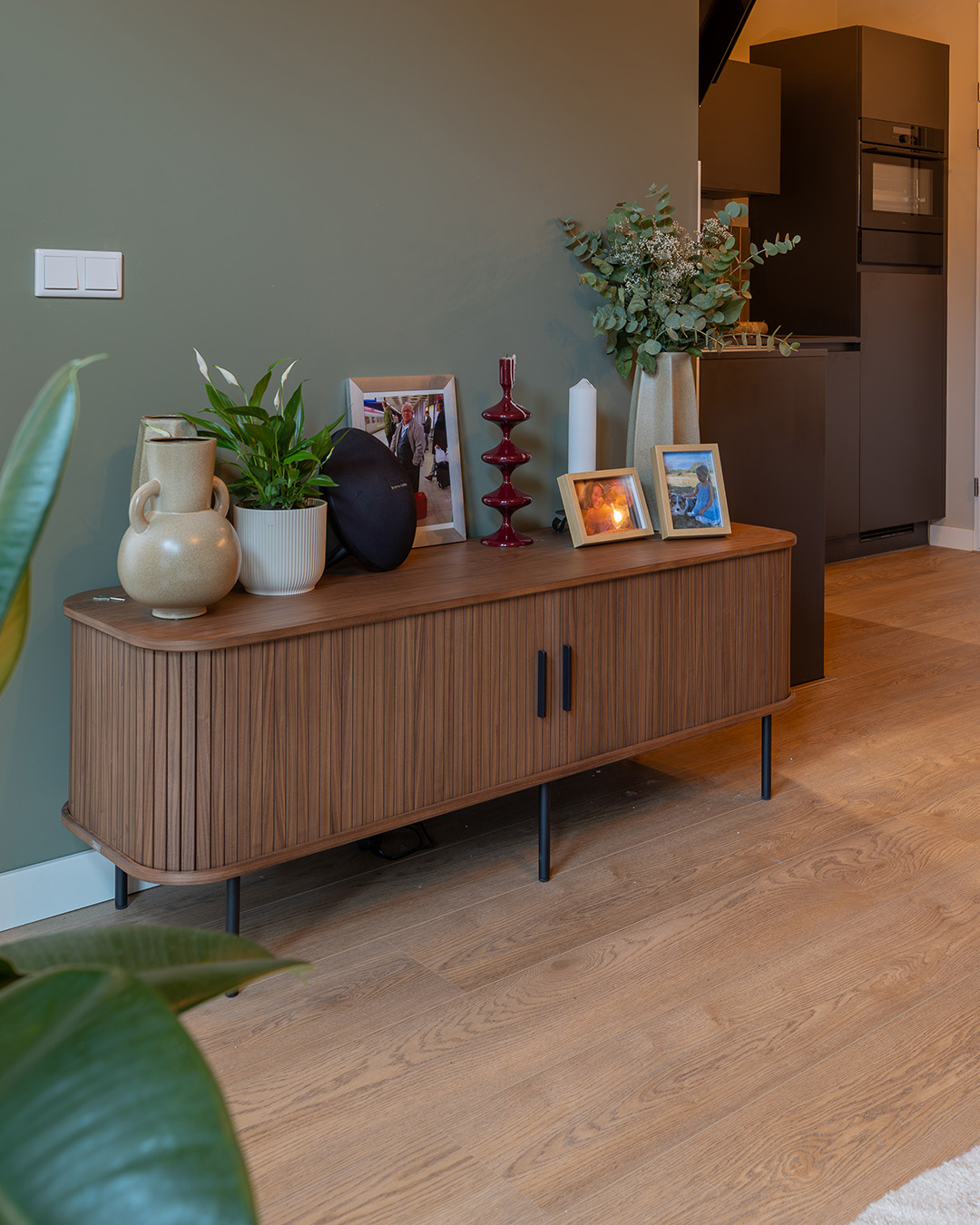 wandkast, houten, tv-meubel, planten, foto's