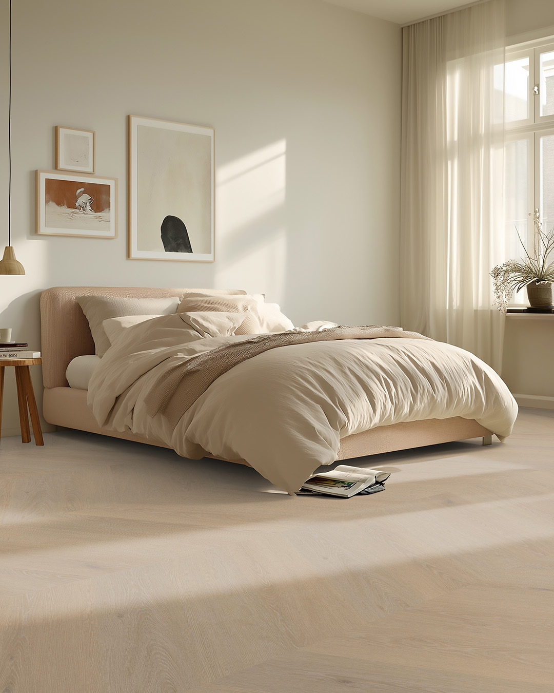 bed, bedroom, beige, linen, blanket
