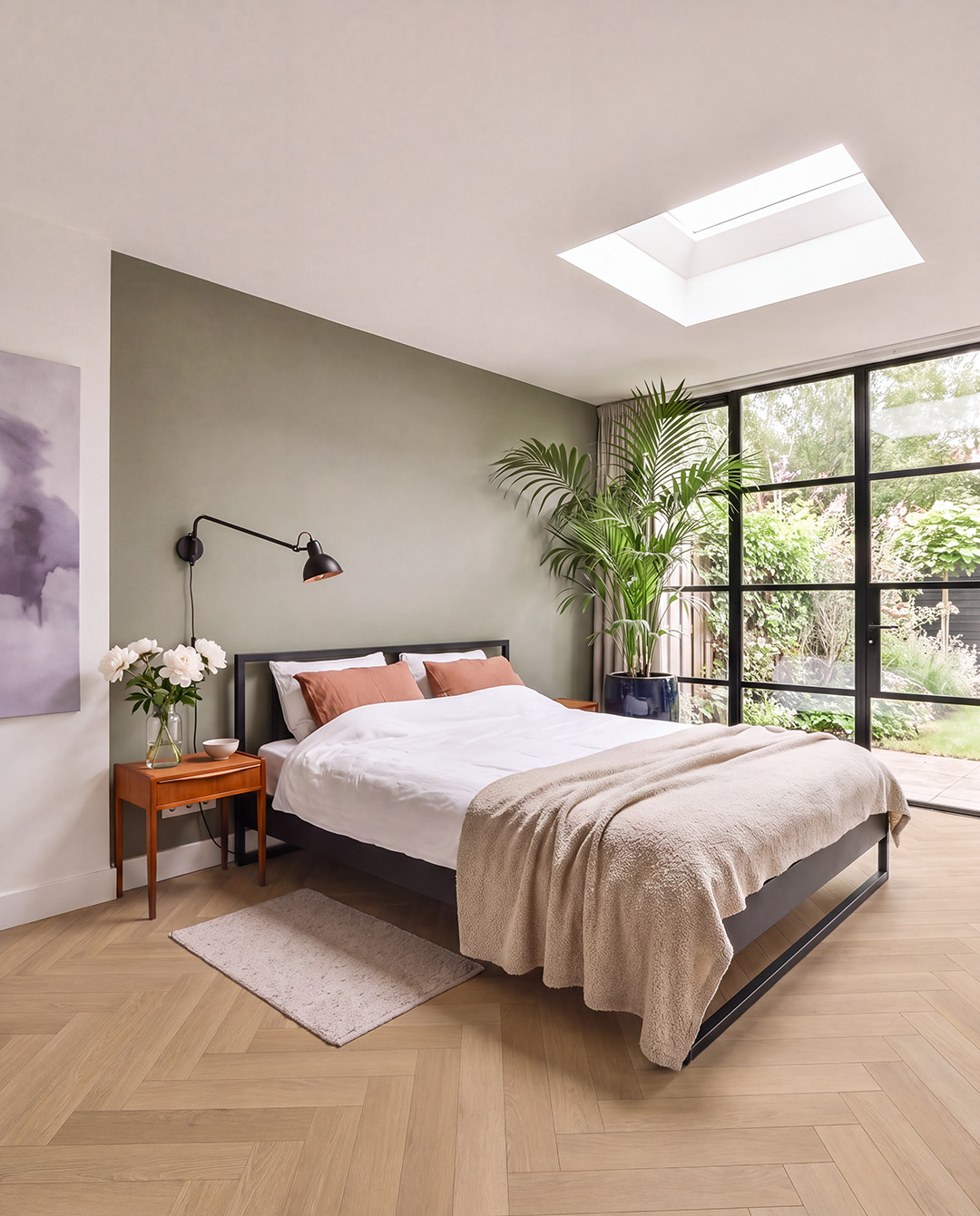 bed, slaapkamer, nachtkastje, linnen, potplant
