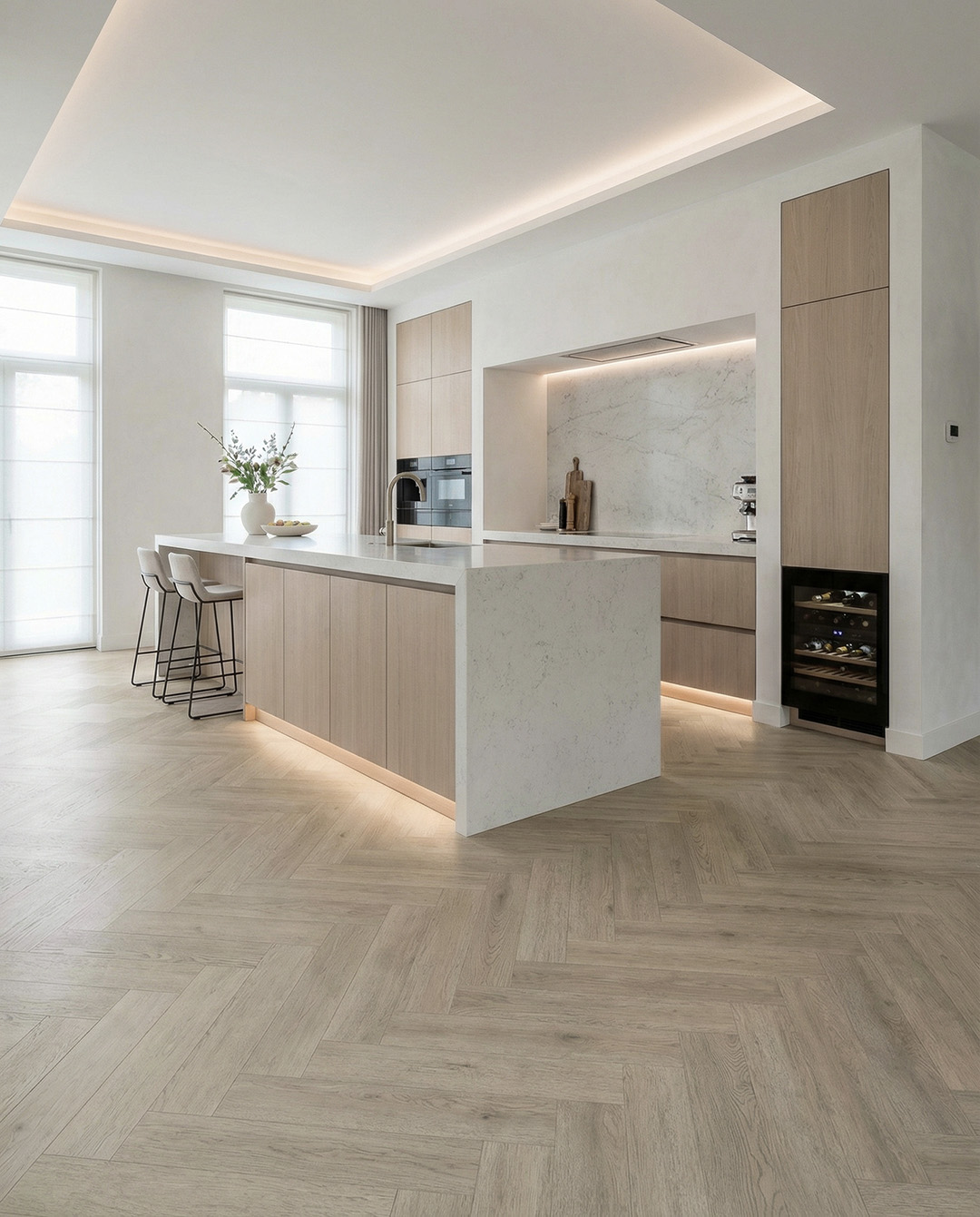 keuken, eiland, marmerwerk, houten kasten, inbouwapparatuur