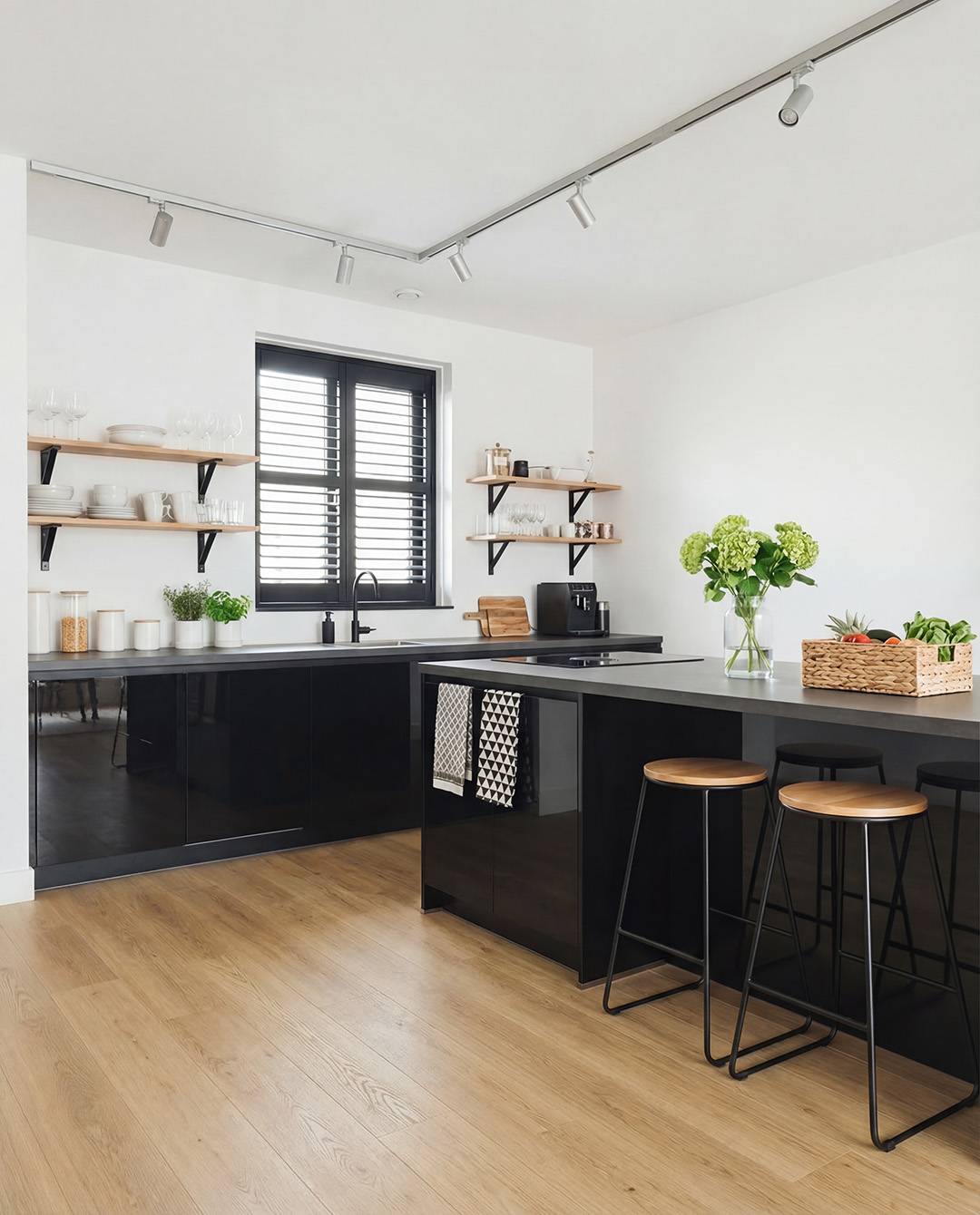 keuken, barstoel, eiland, hout, zwart