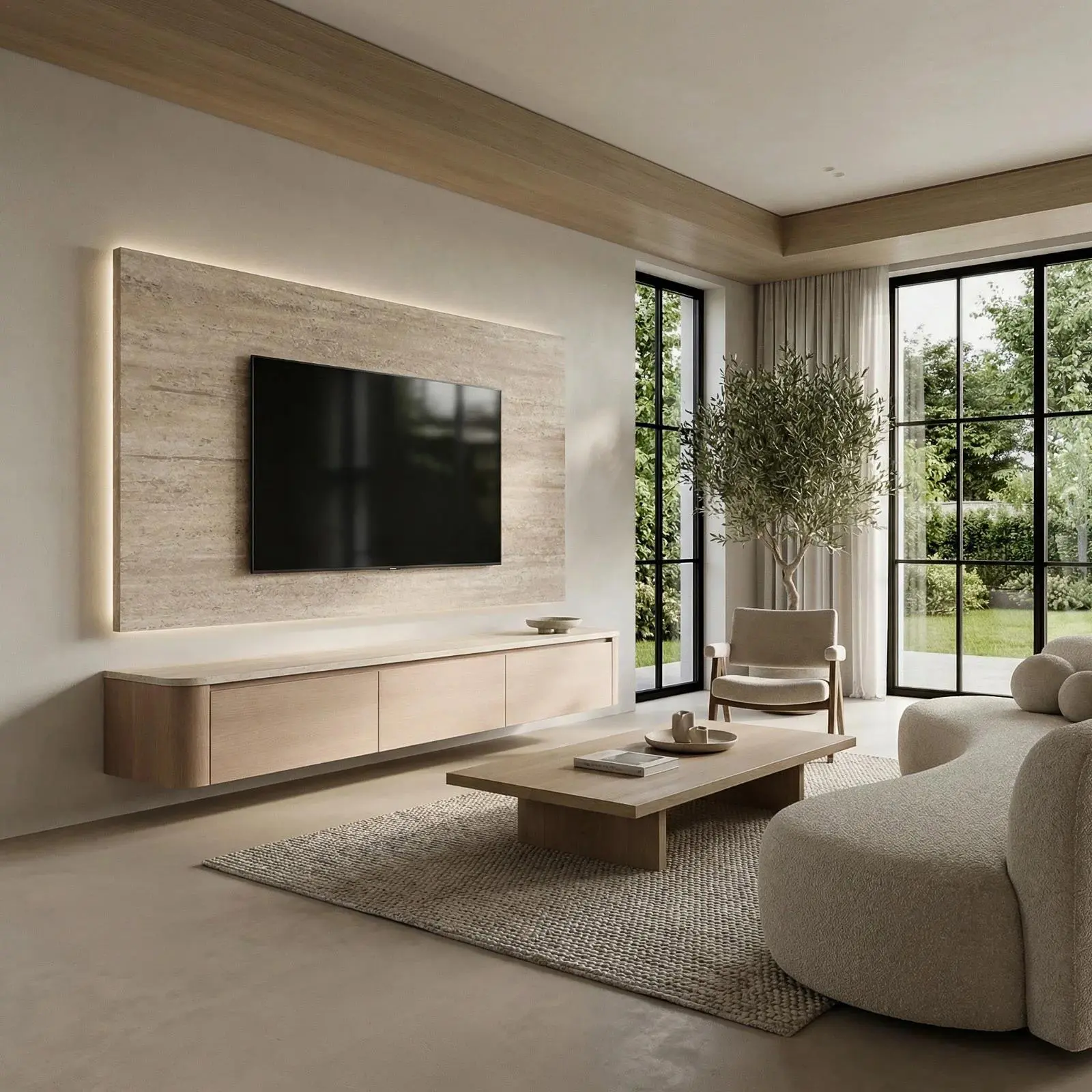 Japandi TV Meubel Rond Travertine Beige Eiken