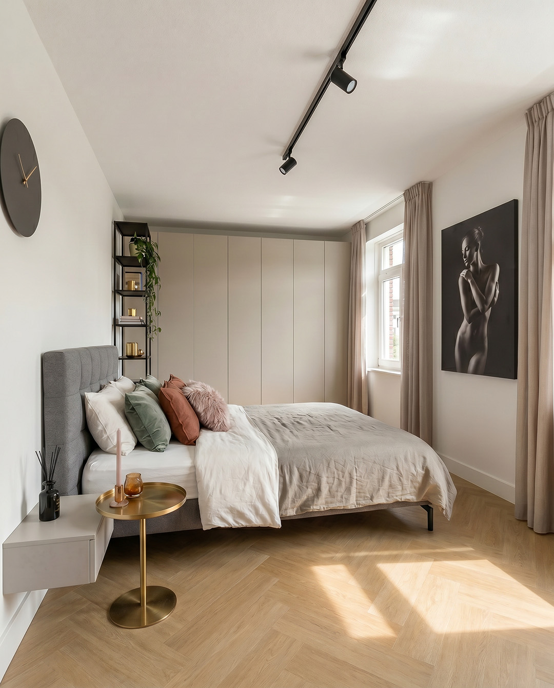 bed, slaapkamer, kast, gordijnen, vloer