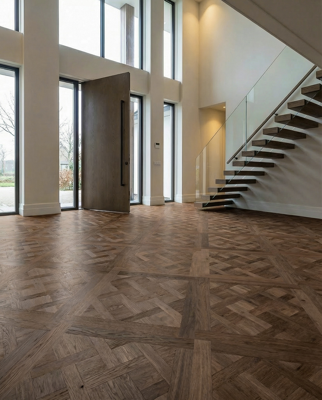 houten vloer, parquet, inrichting, trap met glazen balustrade, interieur