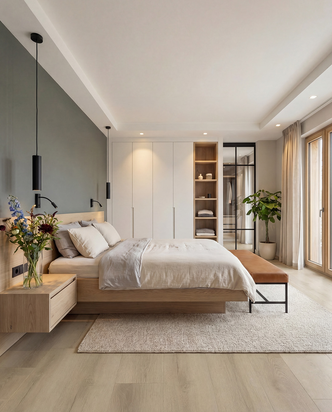 bed, king-size, houten, kledingkast, planten