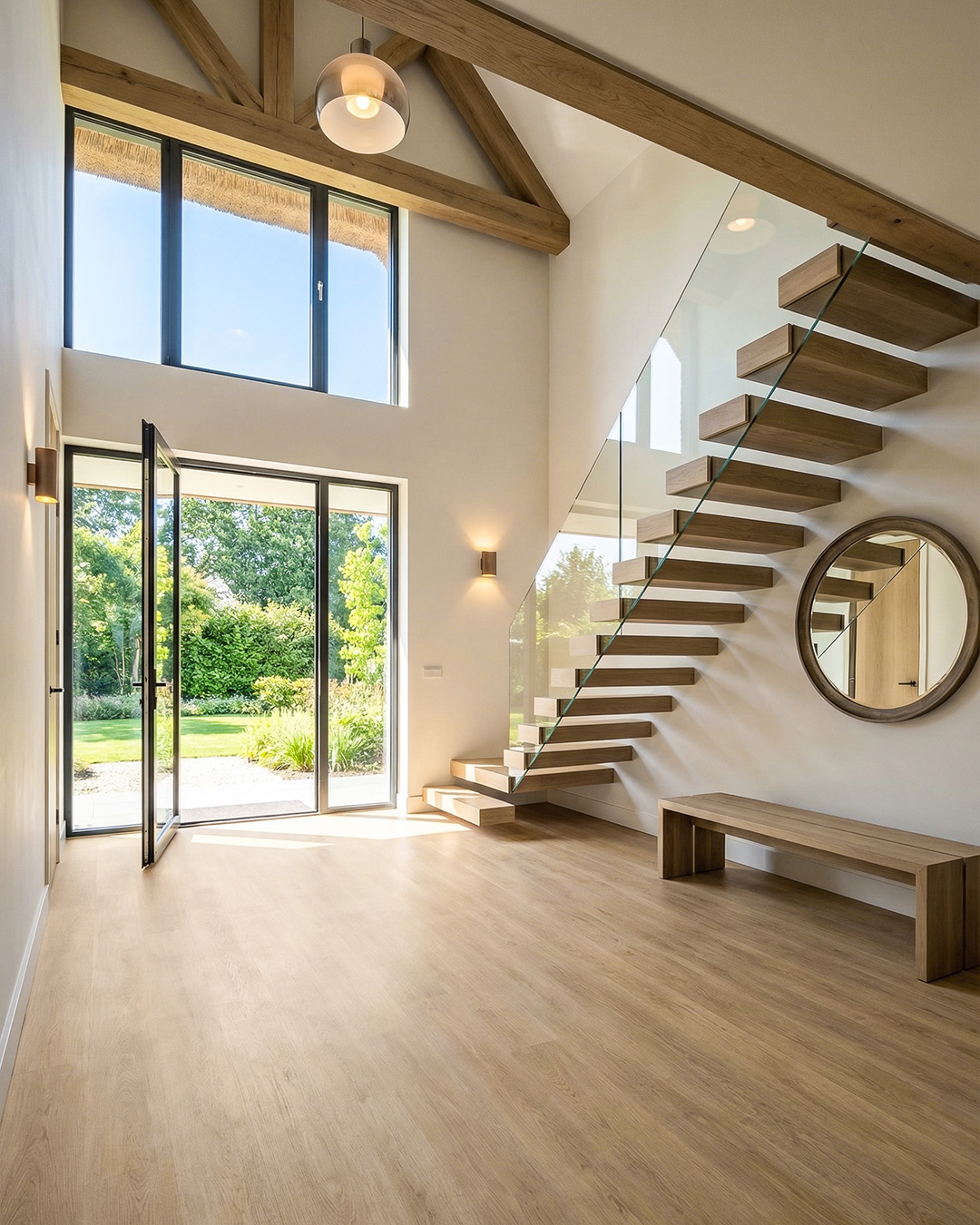 entreehal, houten vloer, hoektrap, glaswand, middenpartij hangs