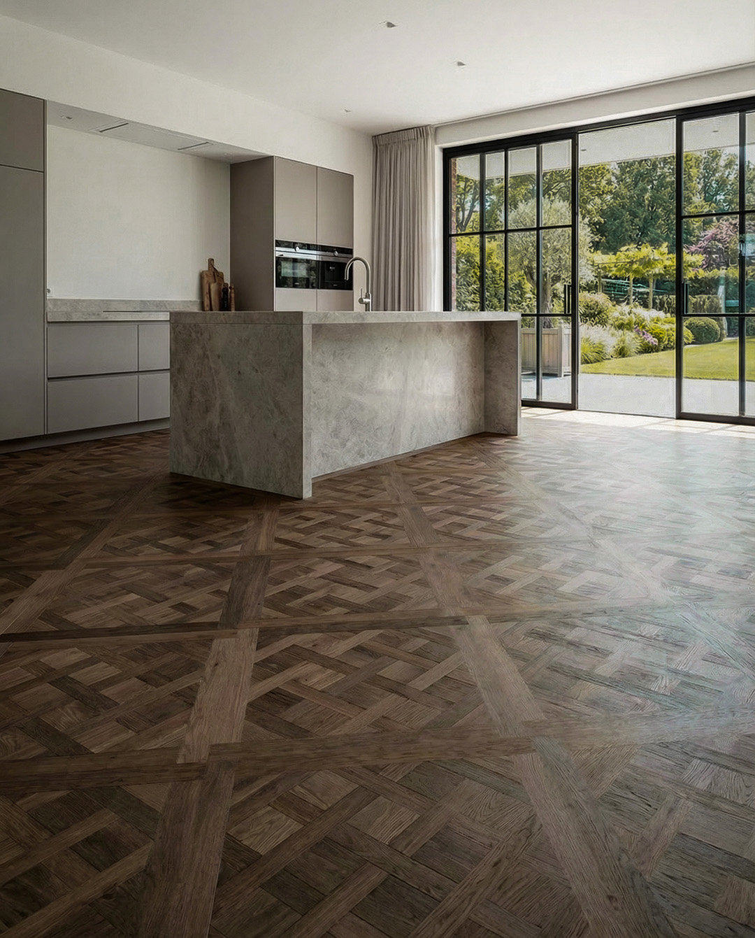 keuken, eiland, houten vloer, industrial, natuurlijk licht