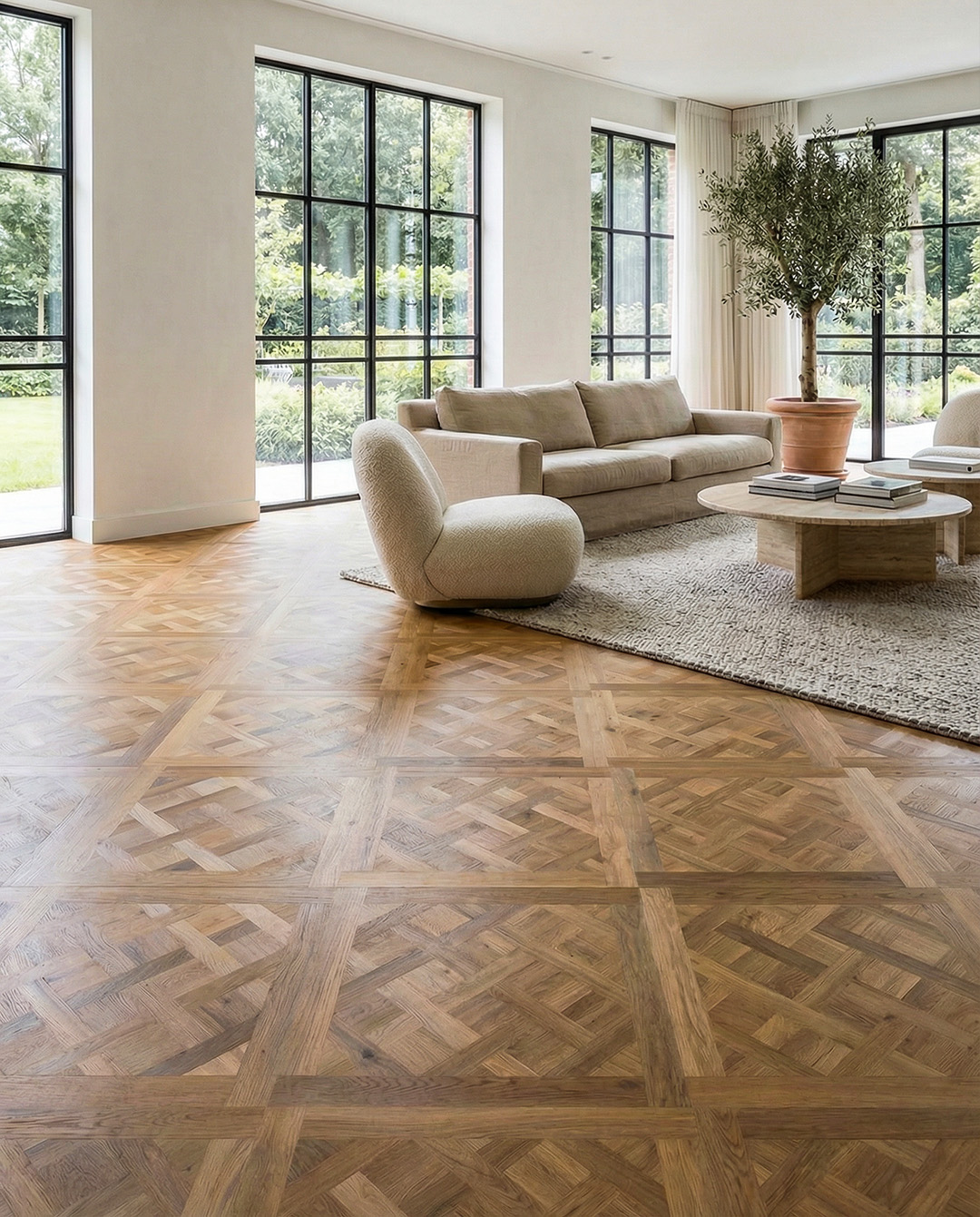 woonkamer, hardehouten vloer, parke-lamen, zachte bekleding, salontafel