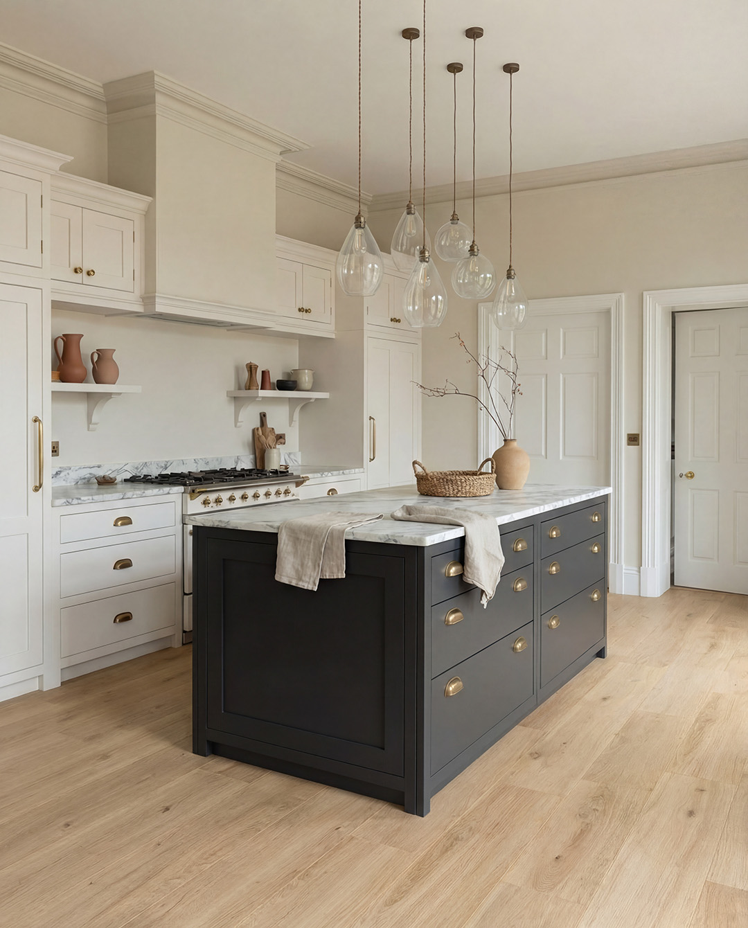 keuken eiland, marmeren aanrecht, kroonluchter, houten vloer, kookeiland donkerblauw