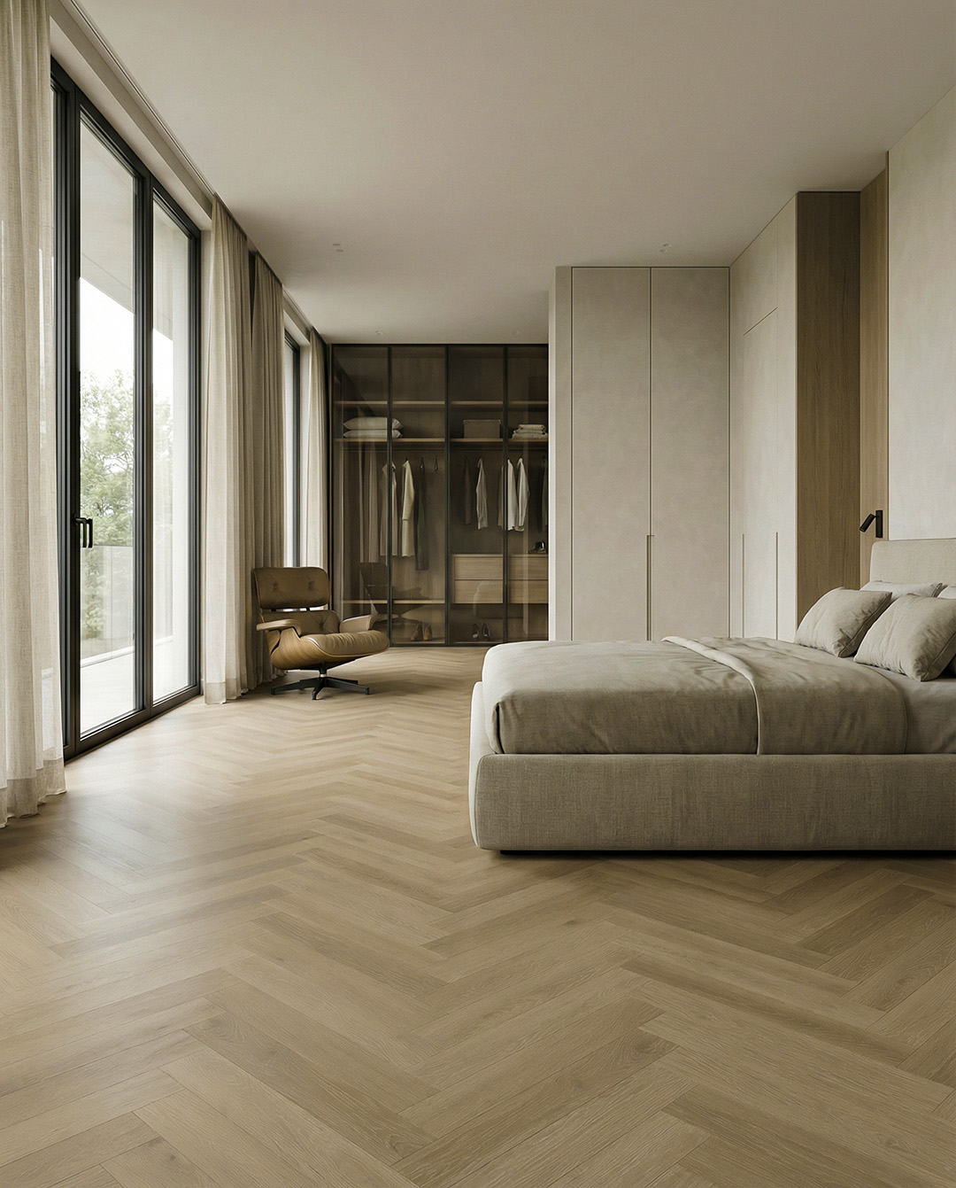 slaapkamer, tapijtloze vloer, houten vloer, inloopkast, bed met hoofdbord