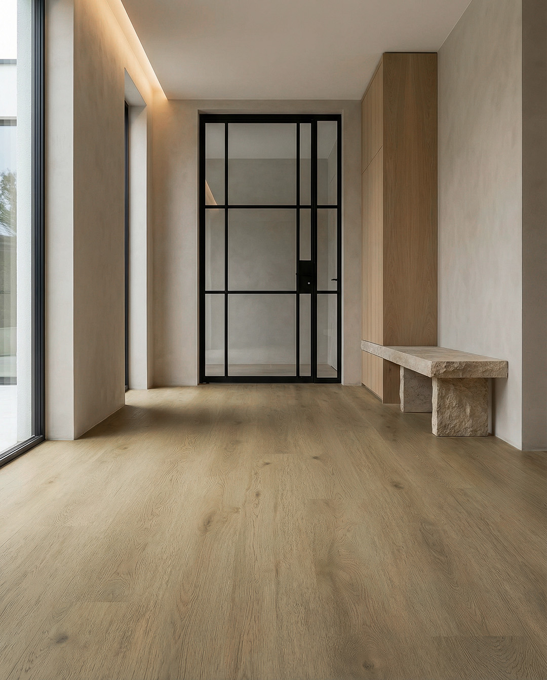 hal leeg, houten vloer, glazen deur, metaal frame, bank van steen