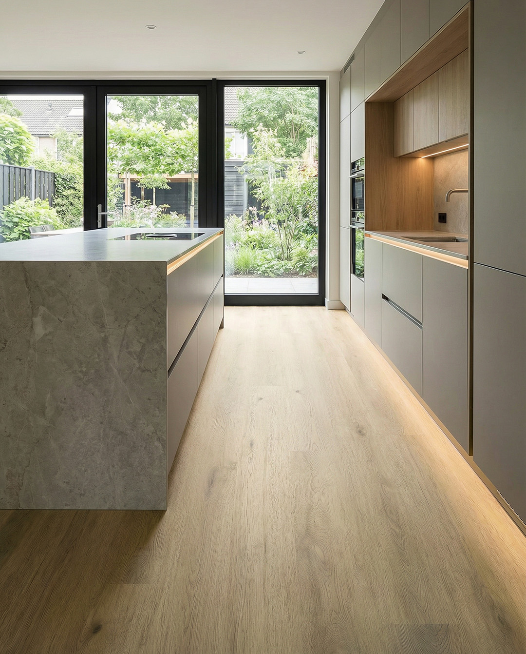 keuken, eiland, krijtgrijs, hout, plankenvloer