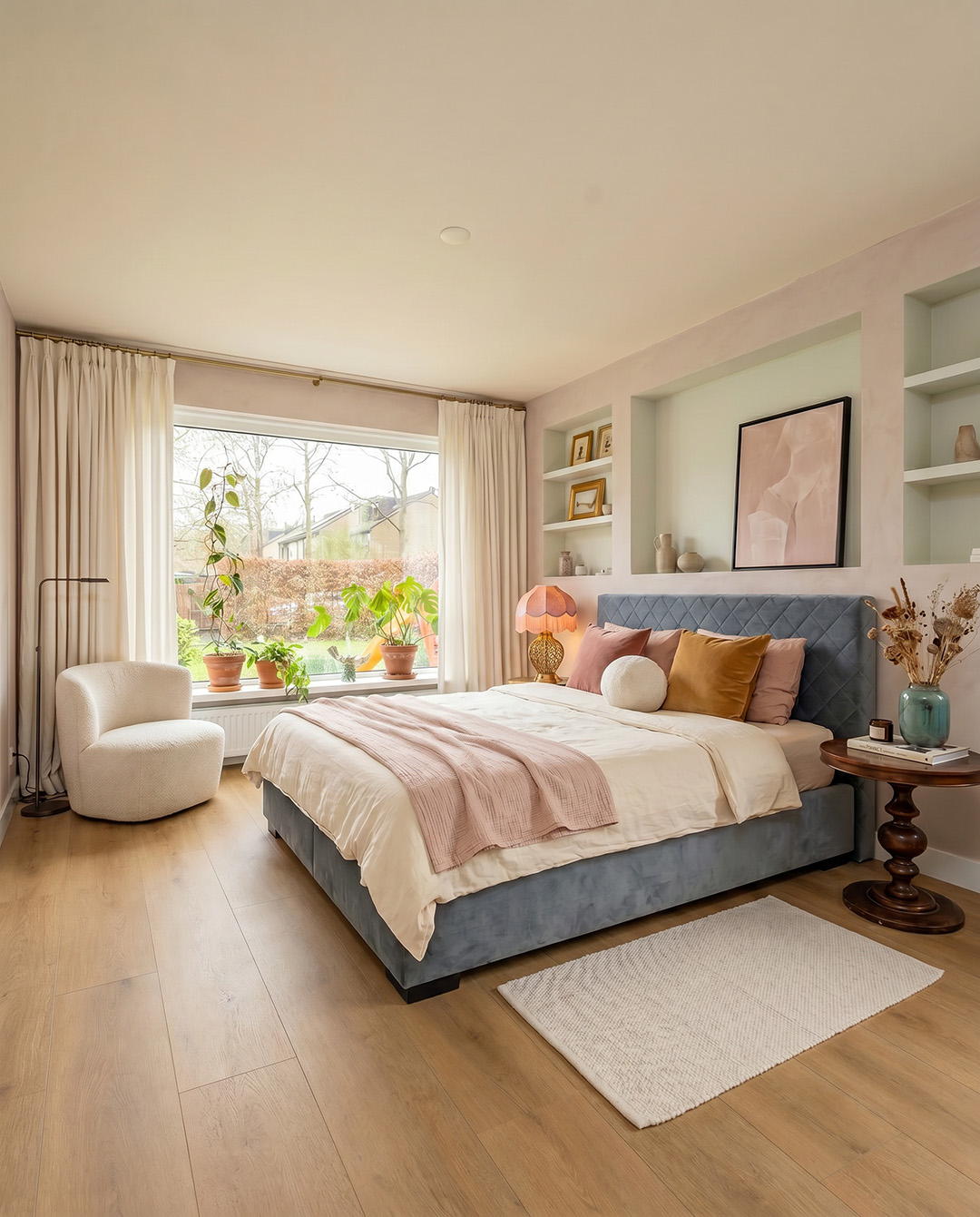 bed, upholstered bed, blue headboard, pillow, sofa chair