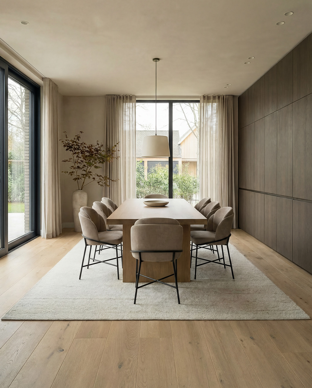 eethoek, tafel, eetkamerstoelen, neutral kleuren, houten vloer