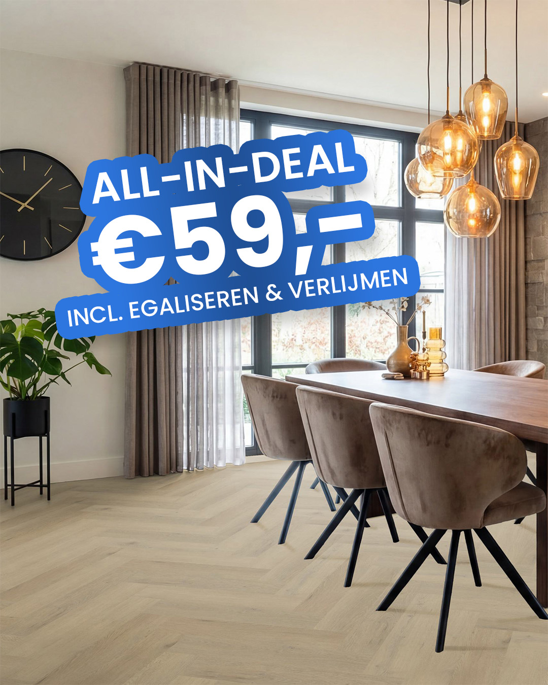 eettafel, meubilair, eetkamer, houten vloer, lampenset