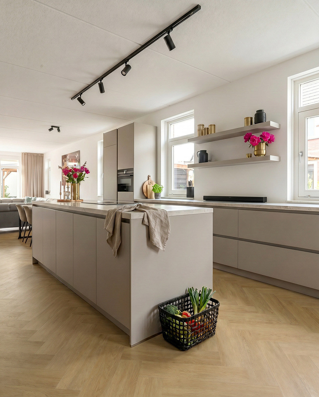 keuken, eiland, kasten, gietijzer, bloemen