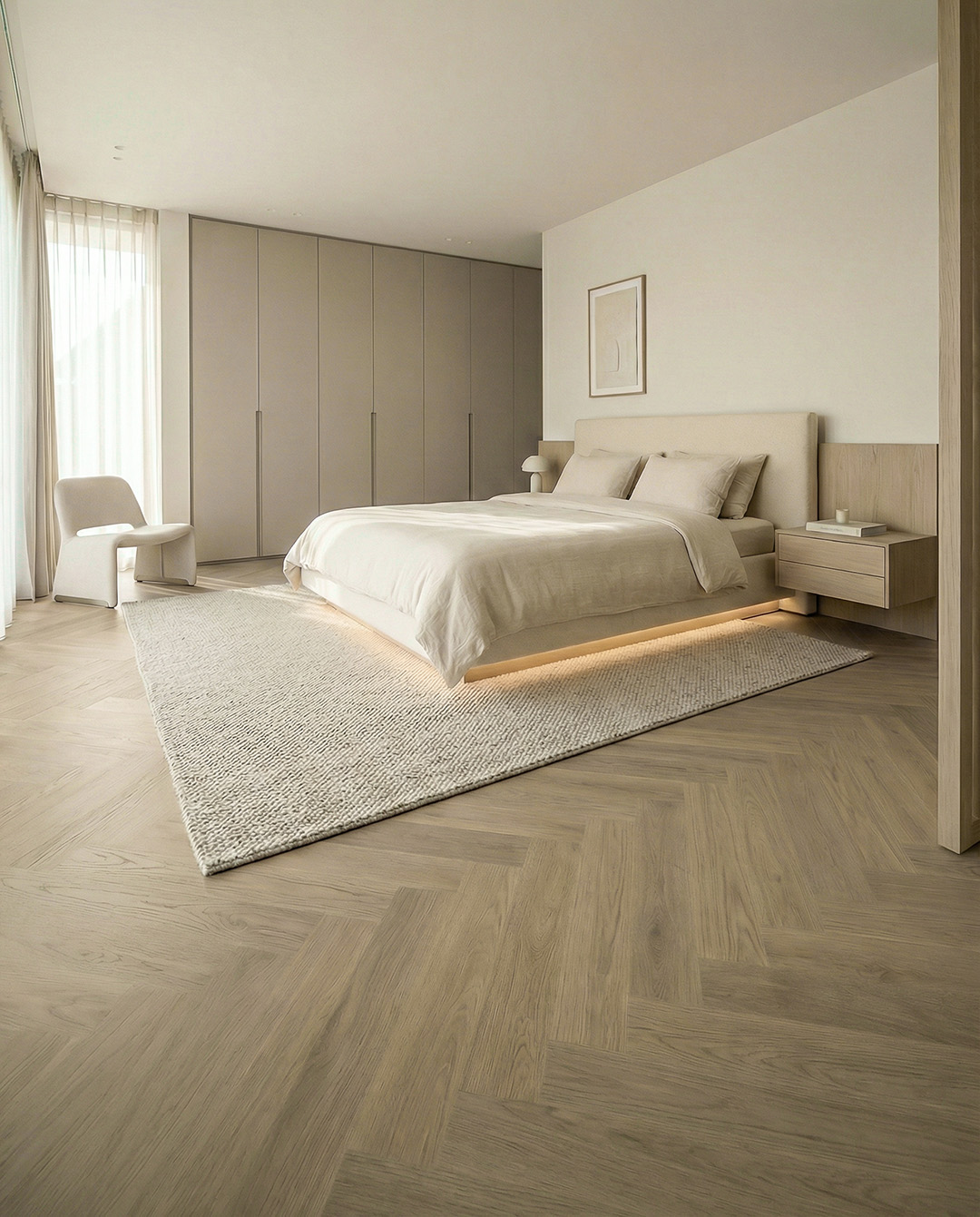 bed, king size bed, neutral decor, wardrobe, rug