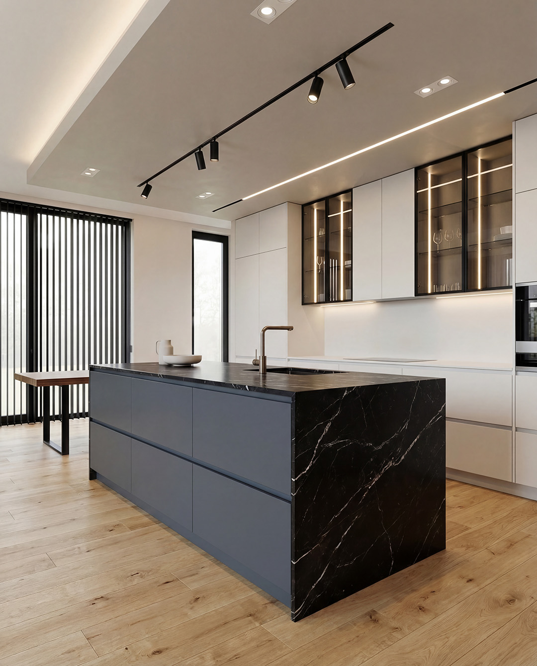 keuken, eiland, marmer, donkerblauw, kookeiland