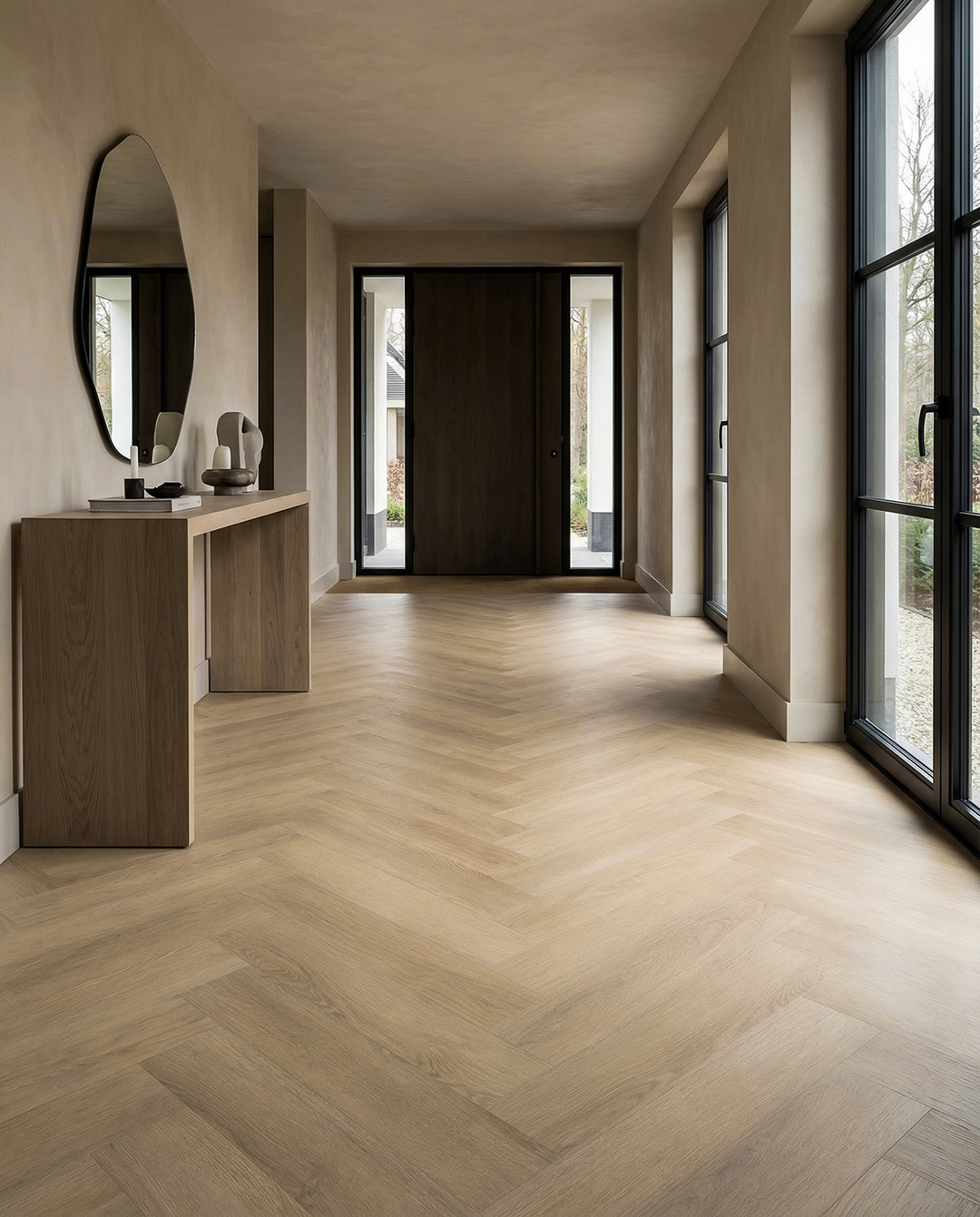 houten vloer, visgraat patroon, interieur, deur met glas, wandspiegel