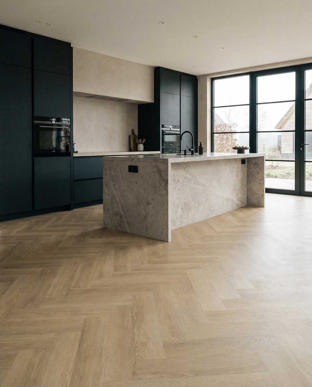 keuken, eiland, quartz, marmerlook, houten vloer