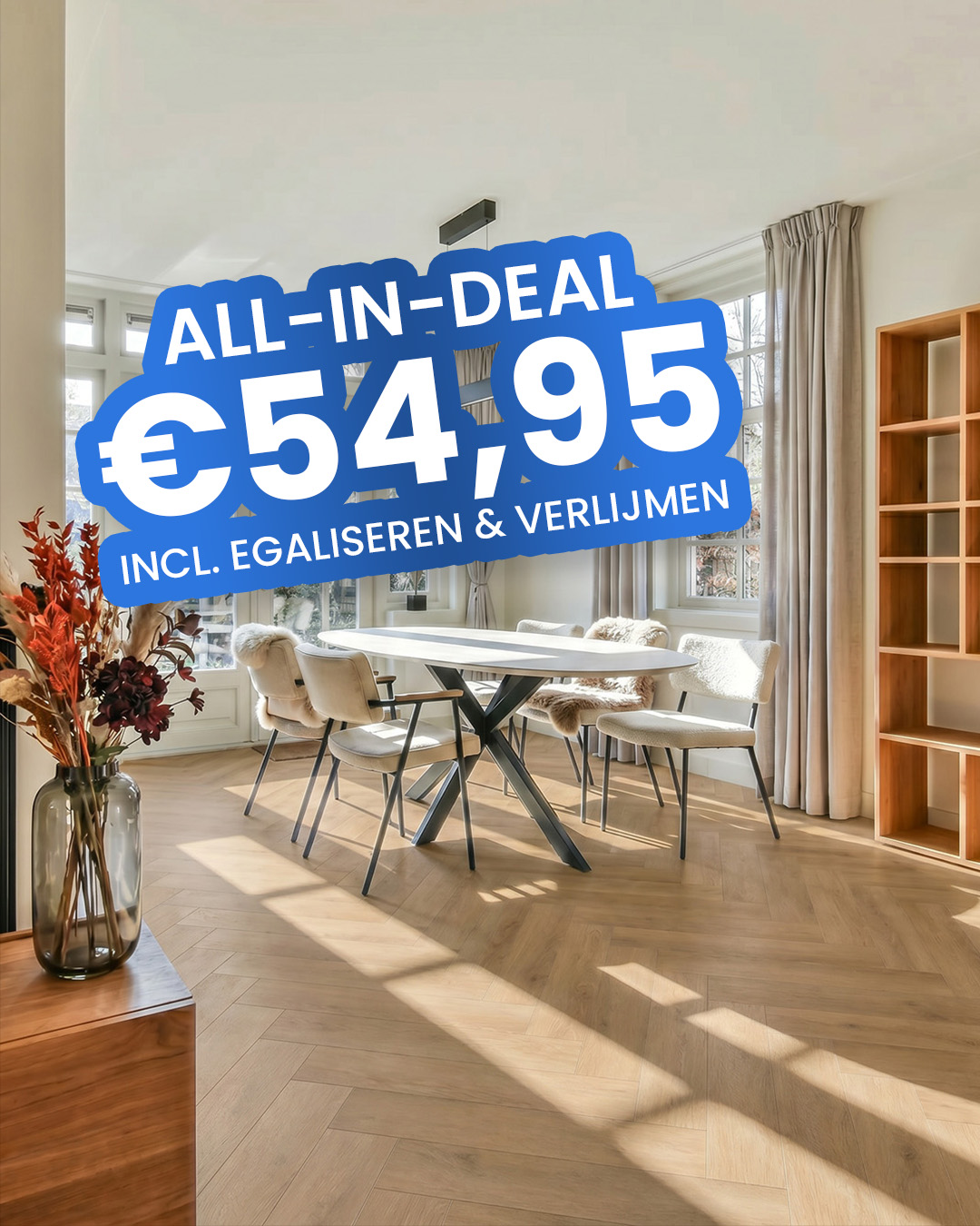 eettafel, dining table, houten vloer, woonkamer/keuken, zetelstoel