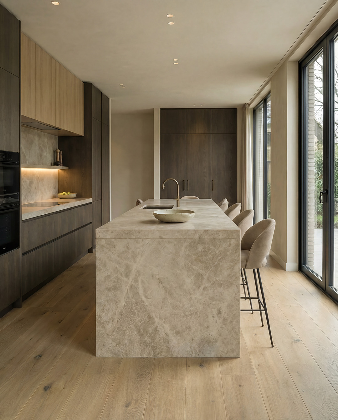 keuken, eiland, marmer, houten kasten, barstoelen
