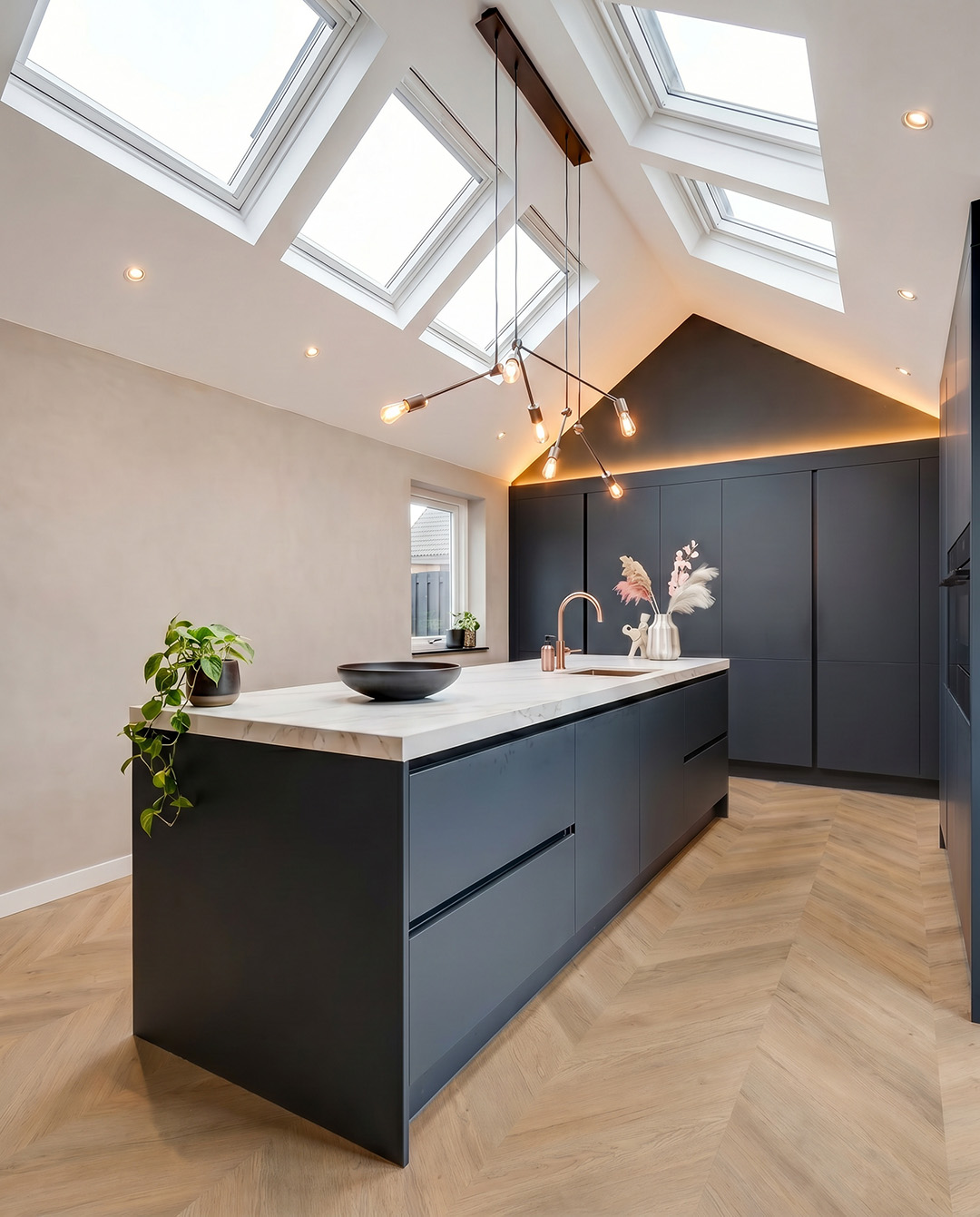 keuken, eiland, donkerblauw, marmeren werkblad, houten visgraatvloer