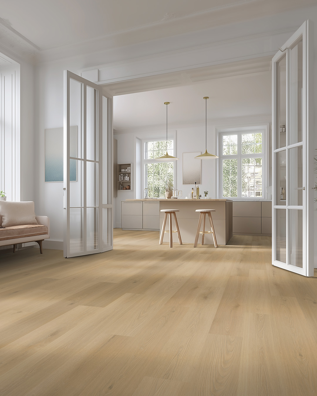 keuken, eethoek, eiland, houten vloer, lichte ruimte