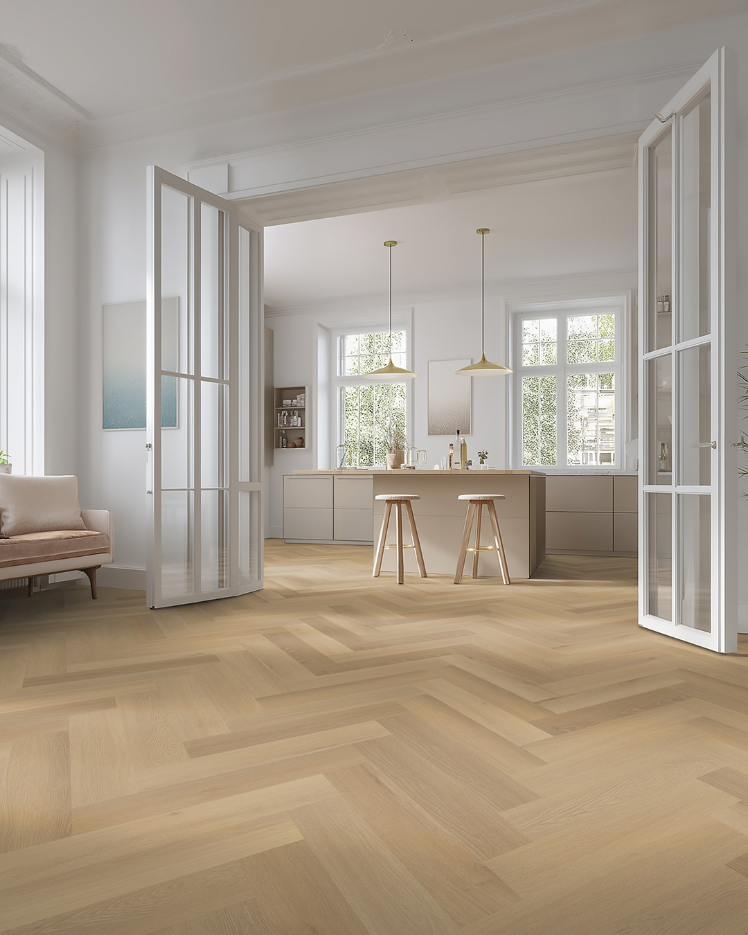 houthaag, open ontwerp, keuken, eikenhouten vloer, barstoelen