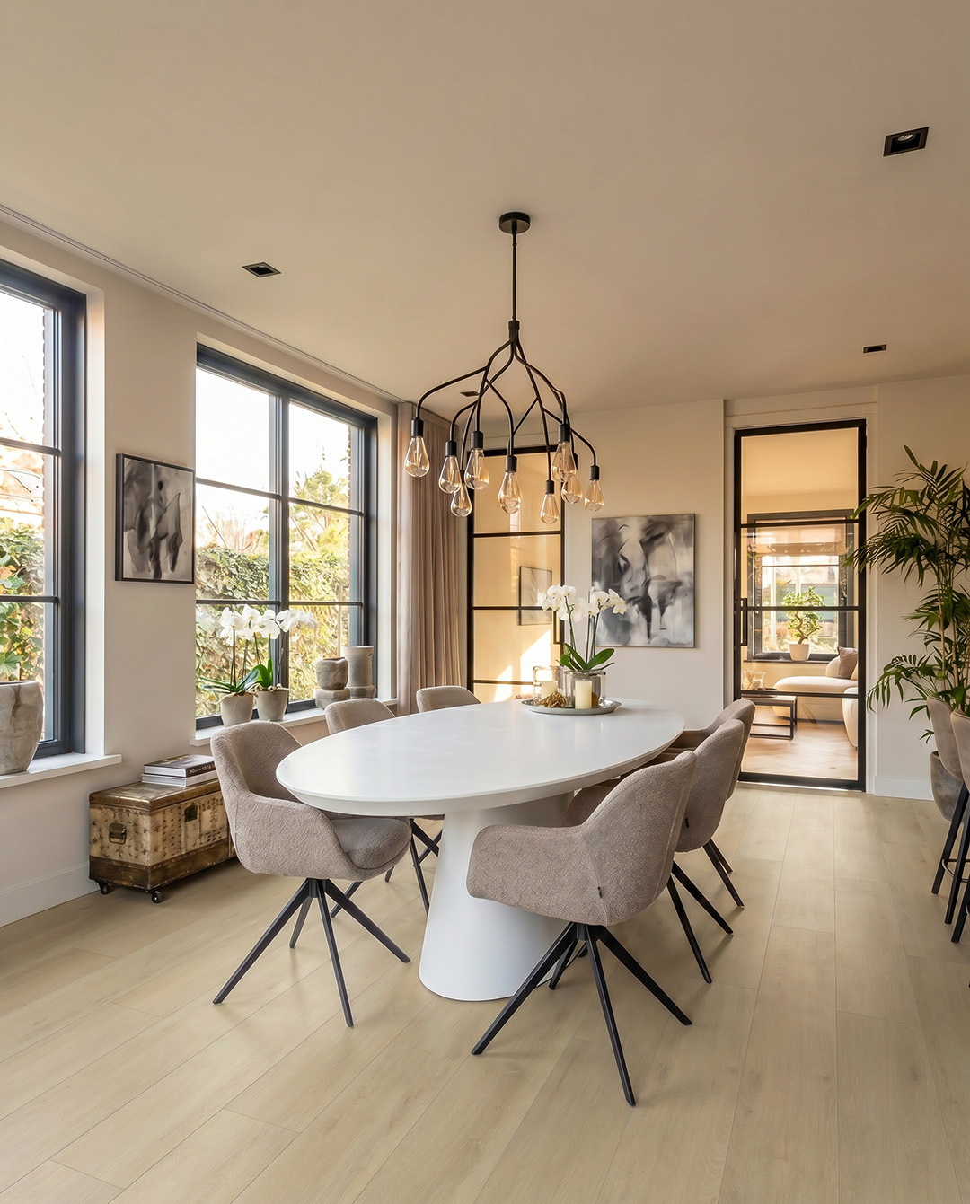 eettafel, meubels, kamerhoogte, kristallen hanglamp, zachte bekleding