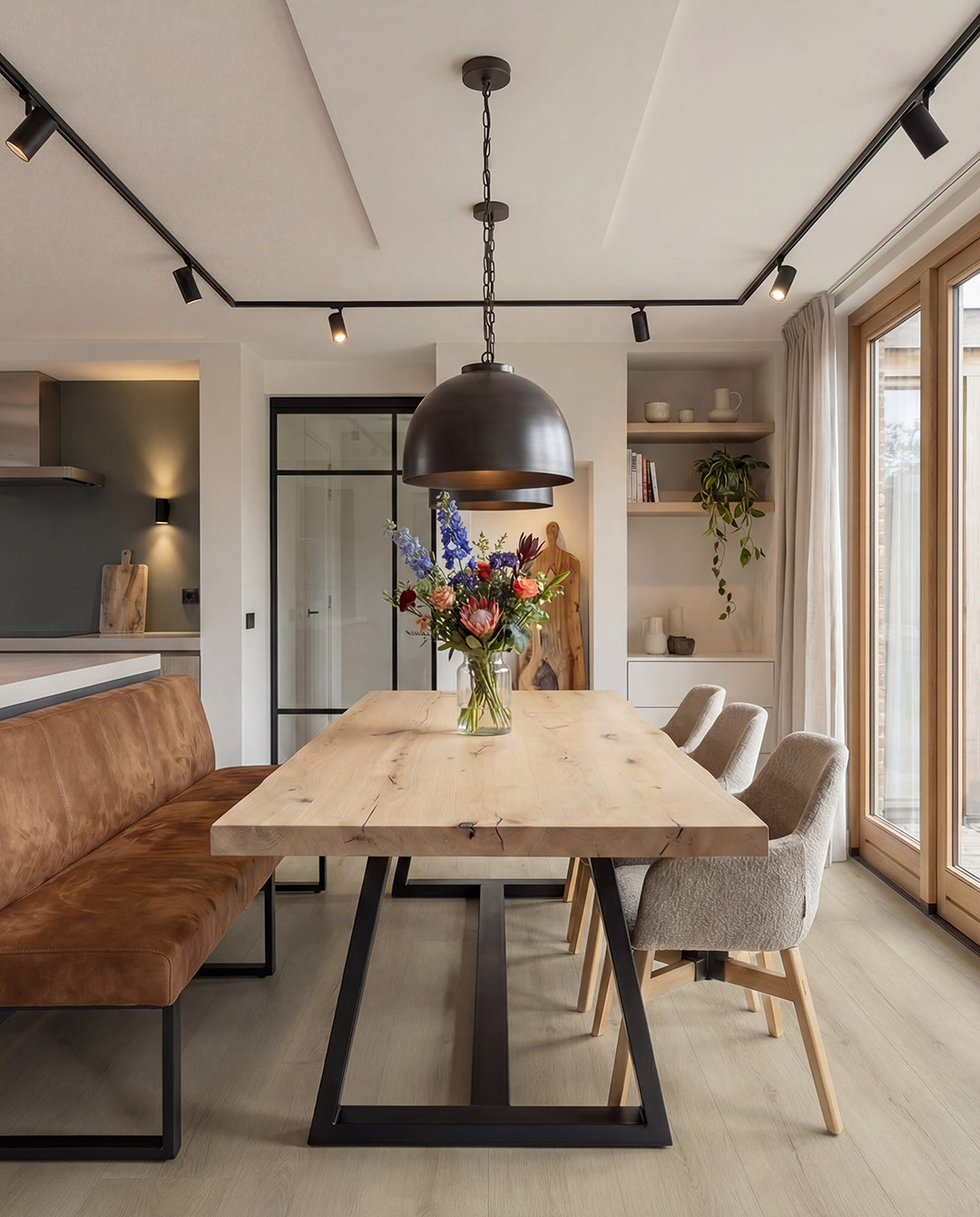 eetkamertafel, houten tafel, hanglamp, kookeiland, bankenstoel