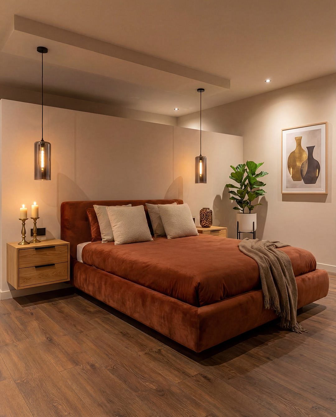 bed, brown, velvet, bedroom, nightstand