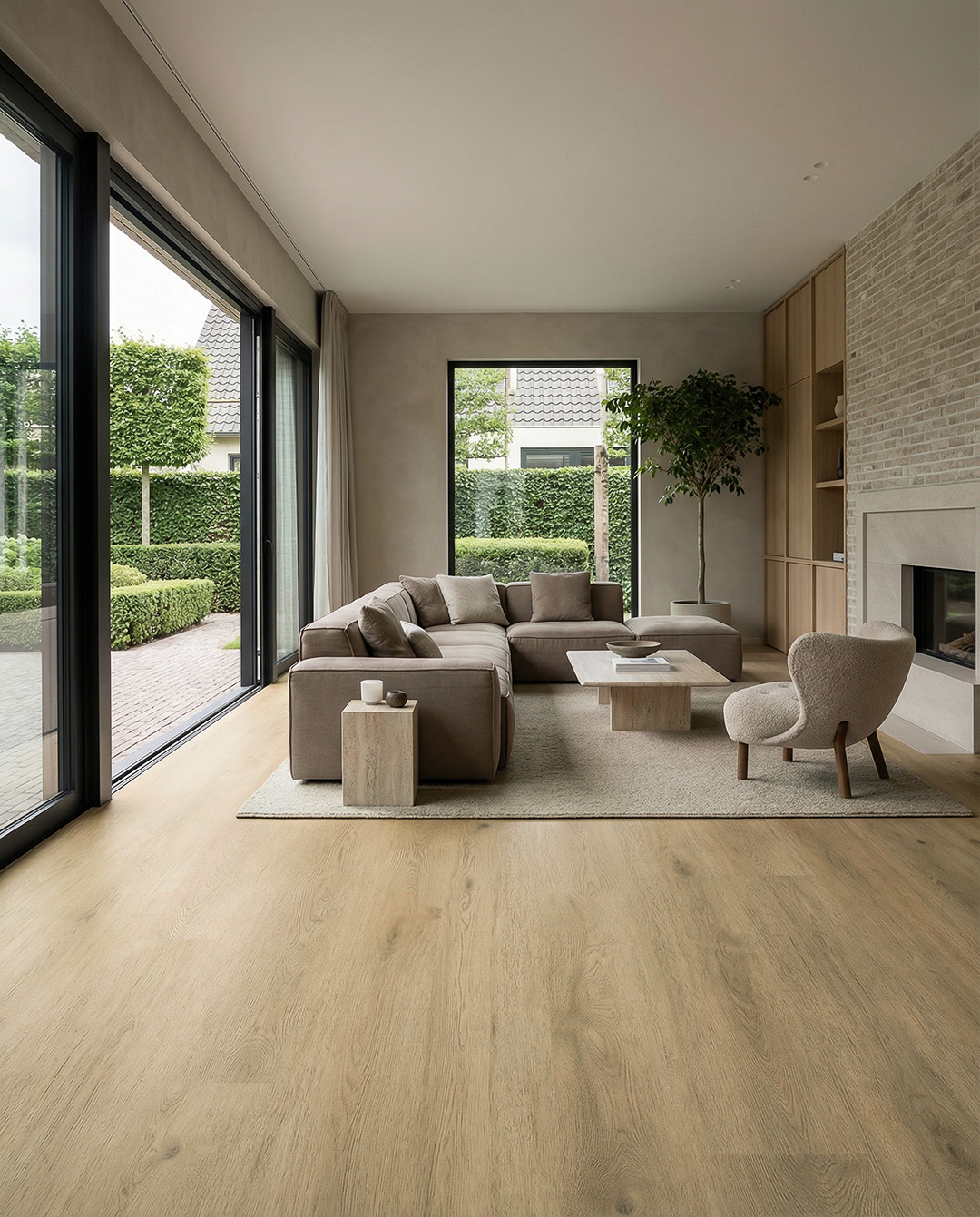 living room, sofa, brown, wood floor, coffee table