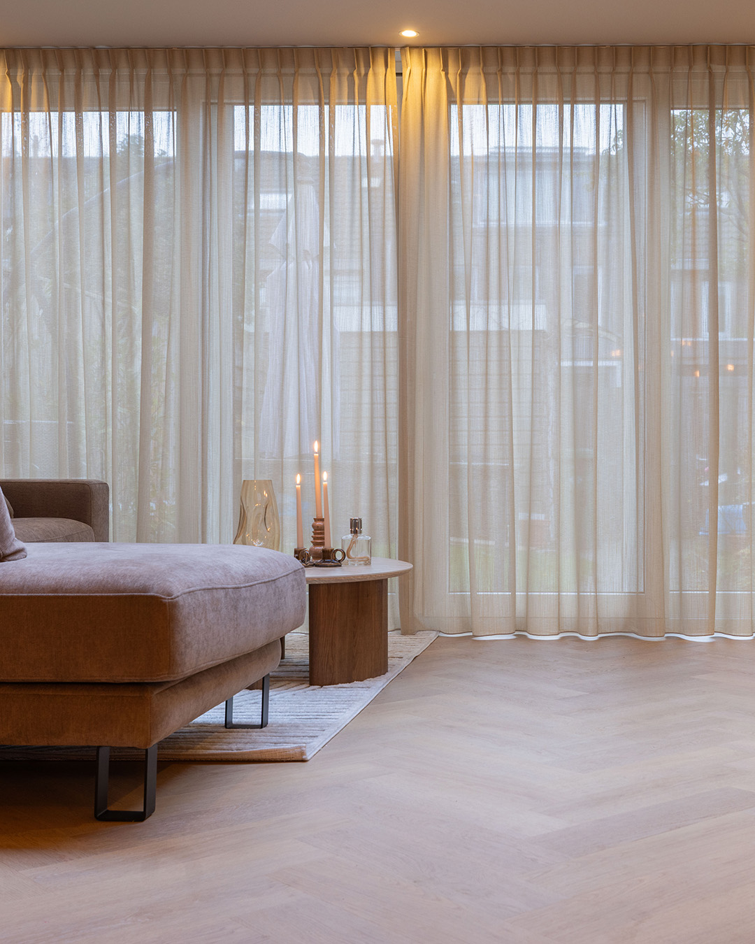 settee, sofa, bruin, stof, woonkamer