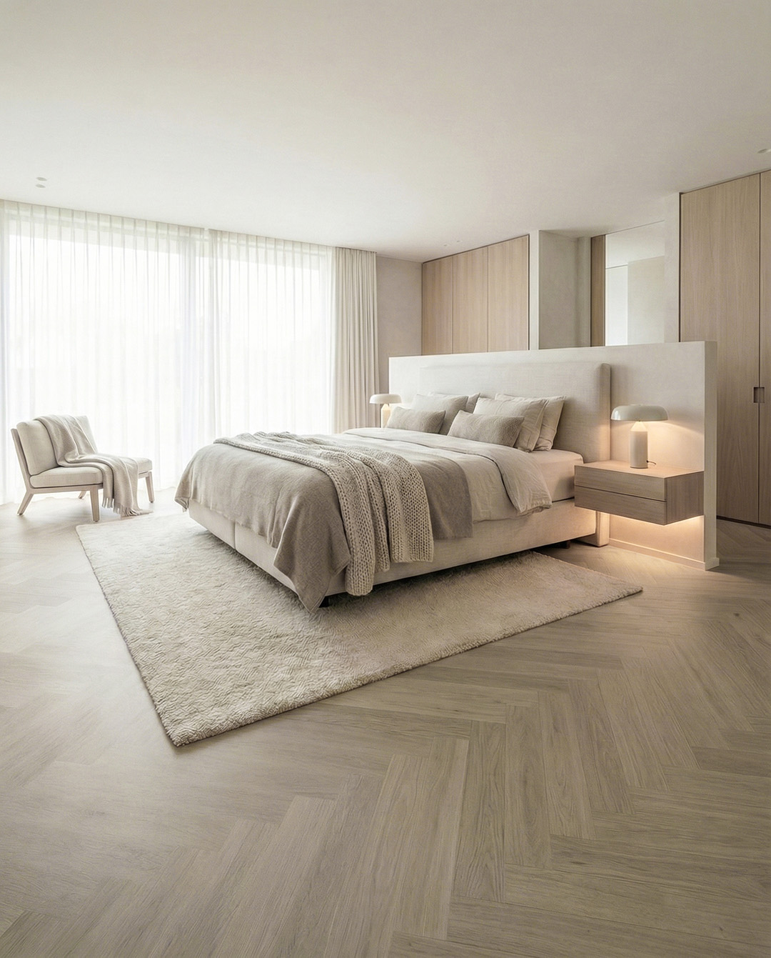 slaapkamer, bed, eilandbed, groot-bed, neutraal-kleuren