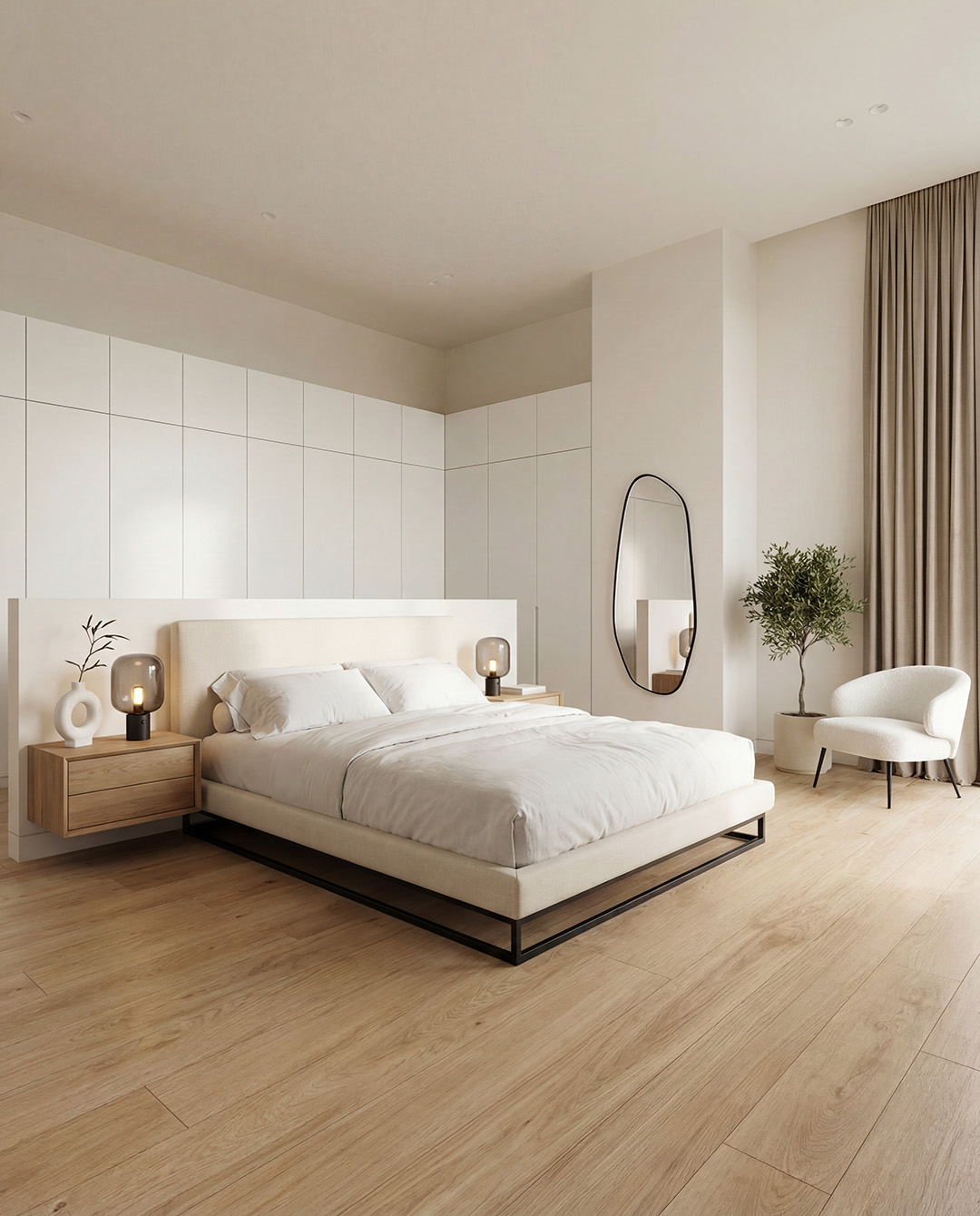 bed, king size bed, neutral tones, wood nightstand, minimalist