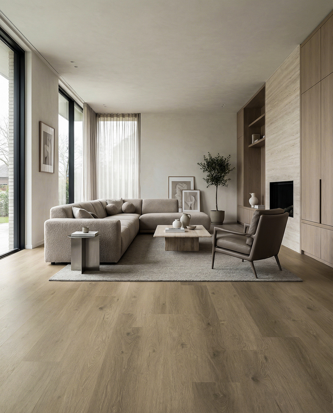 woonkamer, bank, salontafel, houten vloer, planten