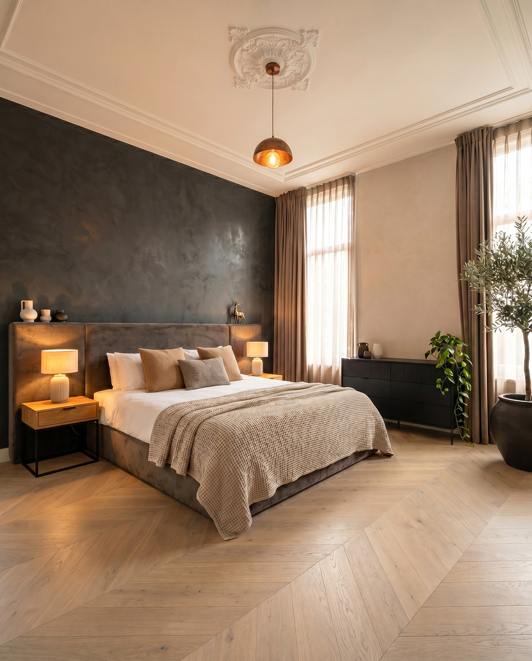 slaapkamer, groot bed, houten vloer, donkere muur, plafond ornament