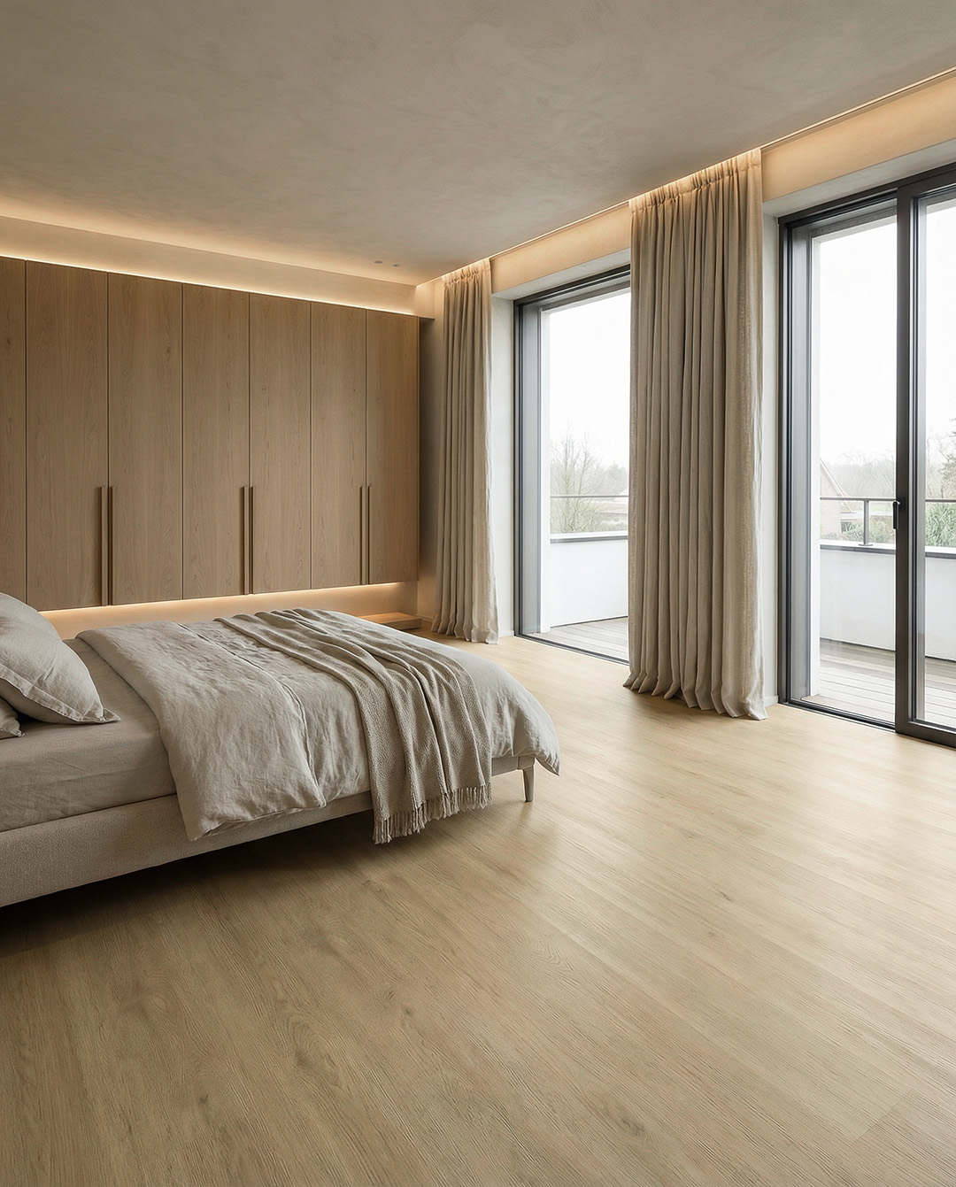 slaapkamer, houten kast, grote raampartij, houten vloer, gordijnen