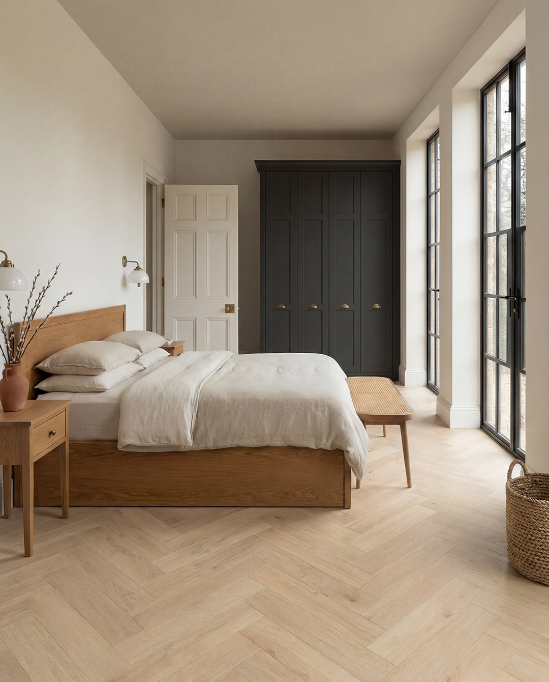 bed, houten bed, linnen bedding, kledingkast, lampen