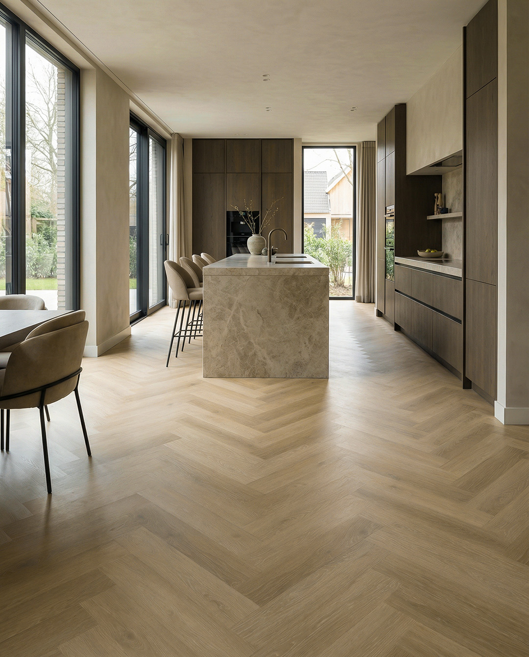 keuken, eiland, houten vloer, inbouwkasten, moderne keuken