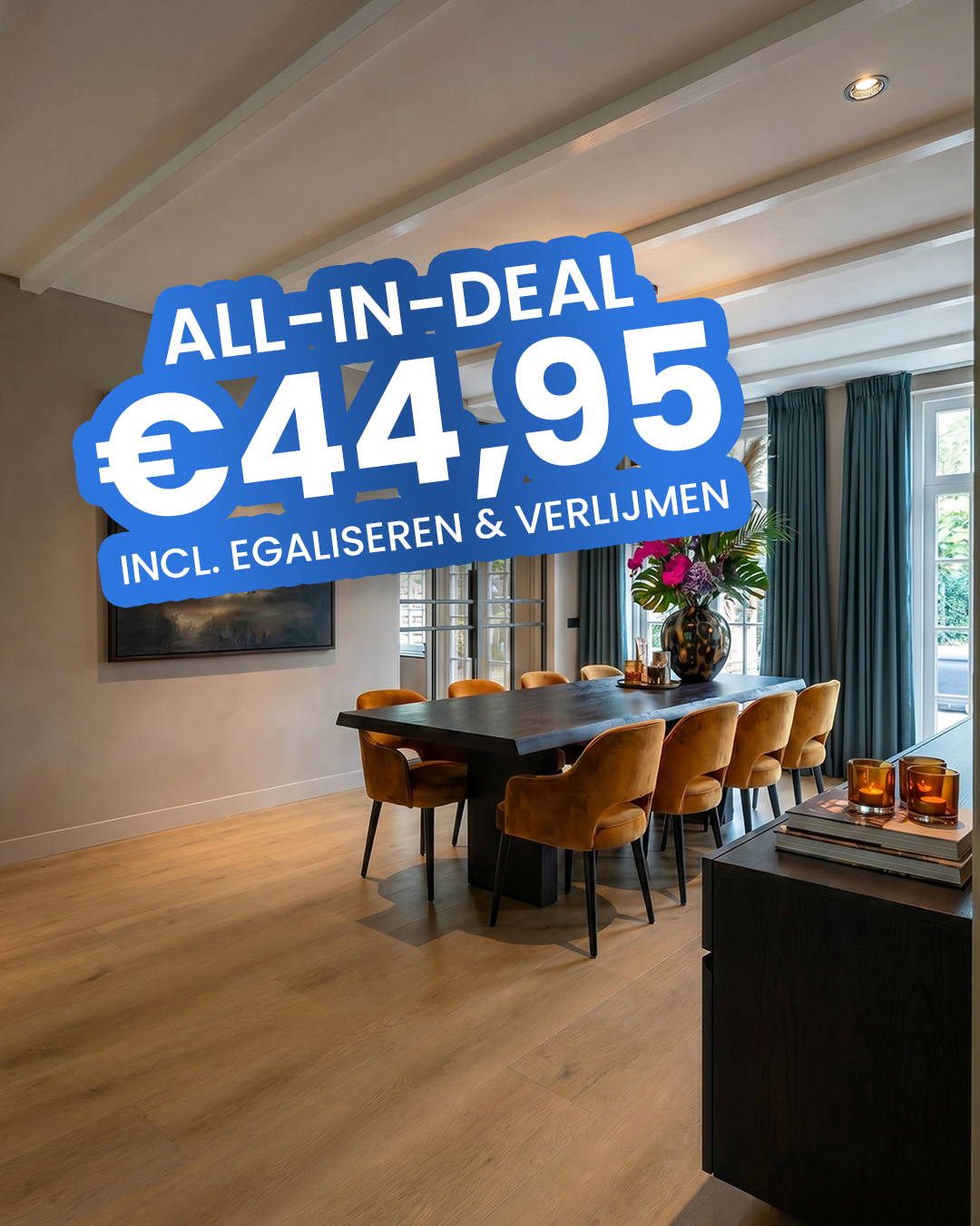 eettafel, dining table, houten vloer, kamer, stoelenset