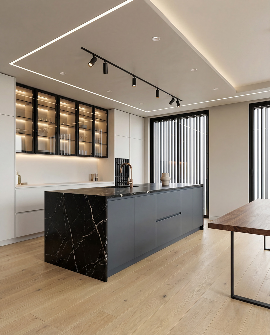 keuken, eiland, marmer, donker-grijs, houten vloer