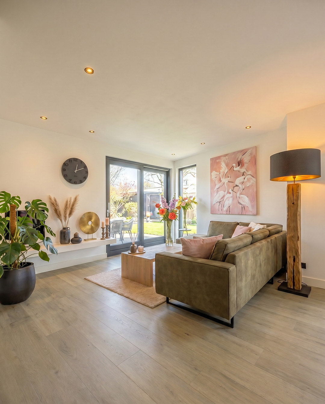 woonkamer, sofa, grijs, vloerdeling, planten